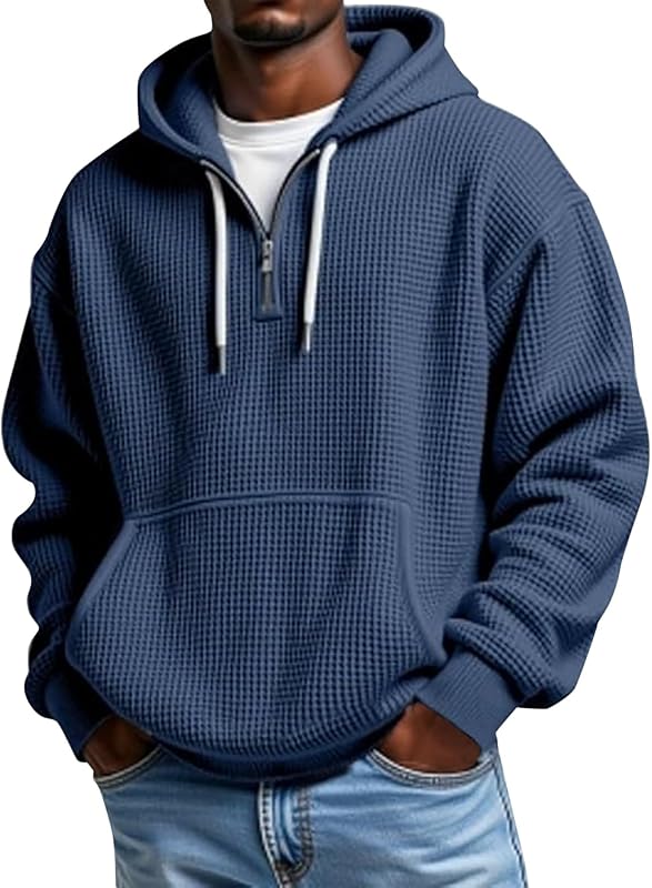 Sudaderas Mokaloha para hombre Cuarto de cremallera Manga larga Waffle buzo con capucha Oversized Casual Loose Fit Hooded Sweatshirt Winter