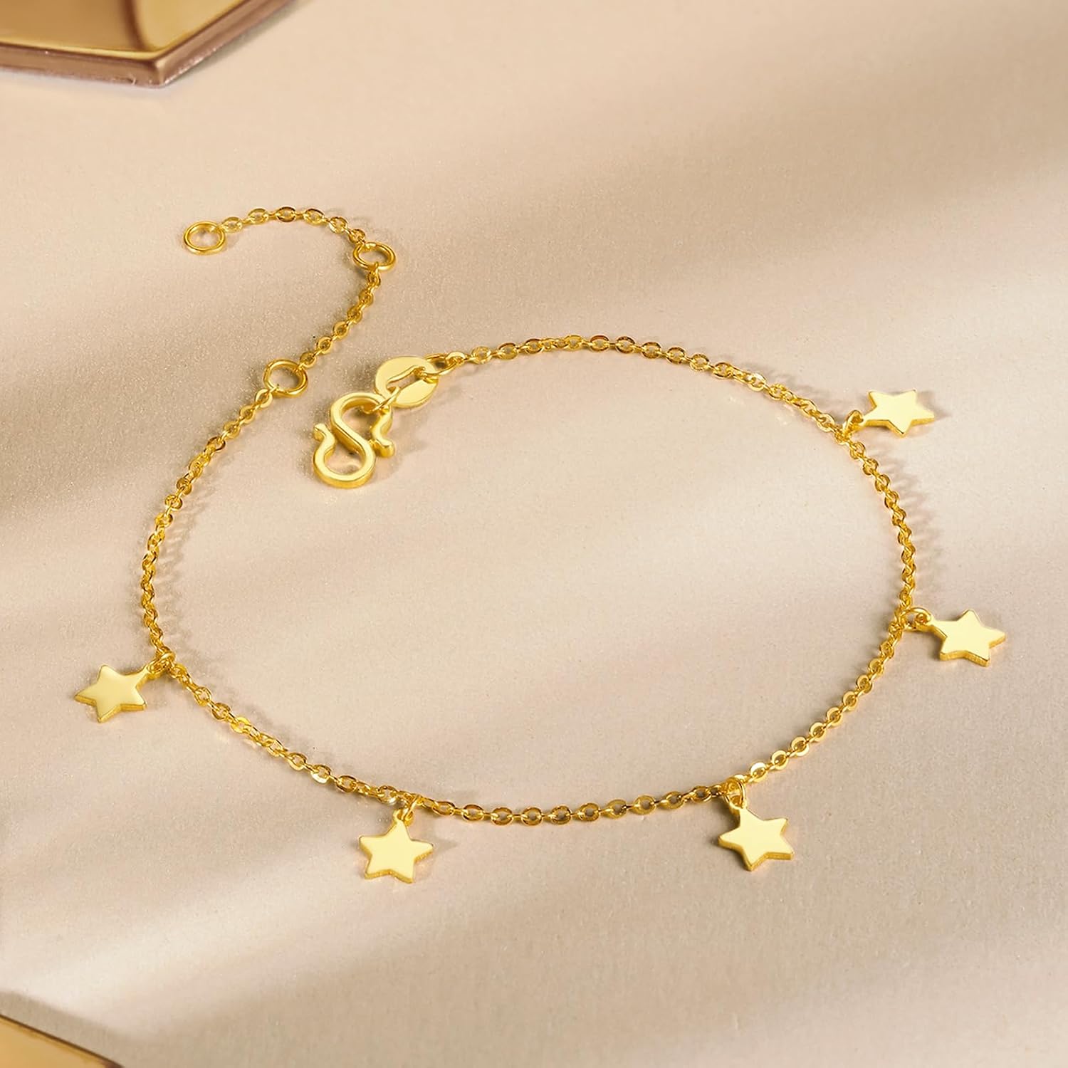 24K Solid Gold Bracelet for Women, Real Pure Gold Chain Bracelet Dainty Jewelry Fashion Star And Moon Solid Gold Link Bracelet for Mother Girlfriends Lovers Gifts