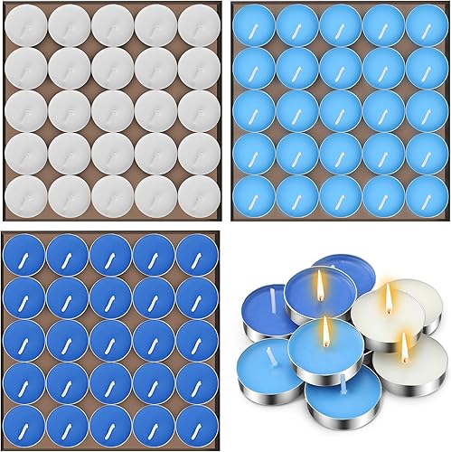 MTLEE 150 velas de té azules y blancas a granel, pequeñas velas sin humo, sin perfume, decoración de 2 horas de tiempo de combustión para decoración