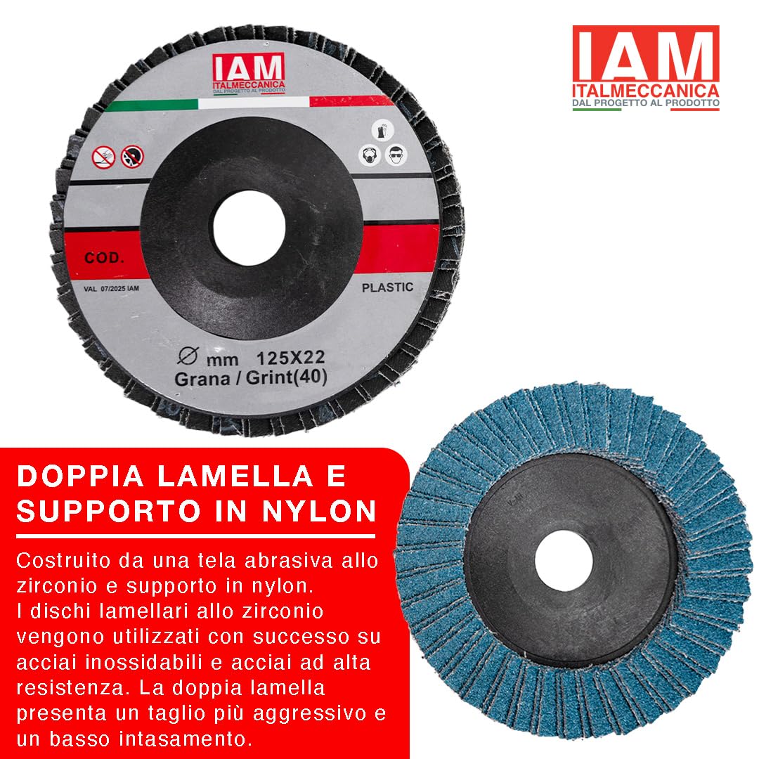 IAM Disco Lamellare Zirconio per Smerigliatrice 125x22mm Flap Disc Professionale Doppia Lamella con Supporto in Nylon Disco Abrasivo per Acciaio Inox e Metallo Alta Asportazione | Grana 40 | 100 pezzi