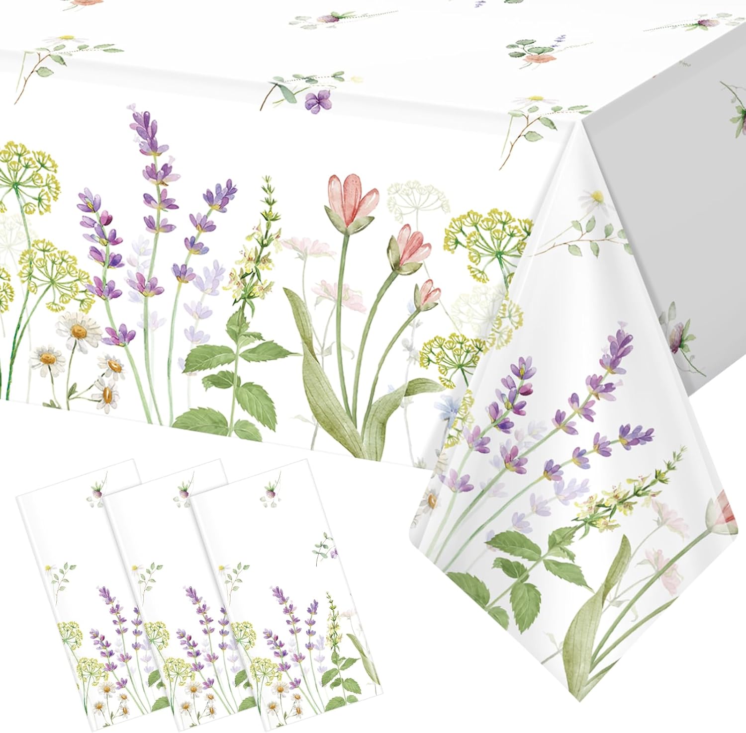 3 Pack Spring Floral Tablecloth, Summer Wildflower Plastic Table Cover for Rectangle Tables, Flower Holiday Disposable Table Cloth for Easter Birthday Picnic Wedding Tea Party Decorations, 54×108 Inch