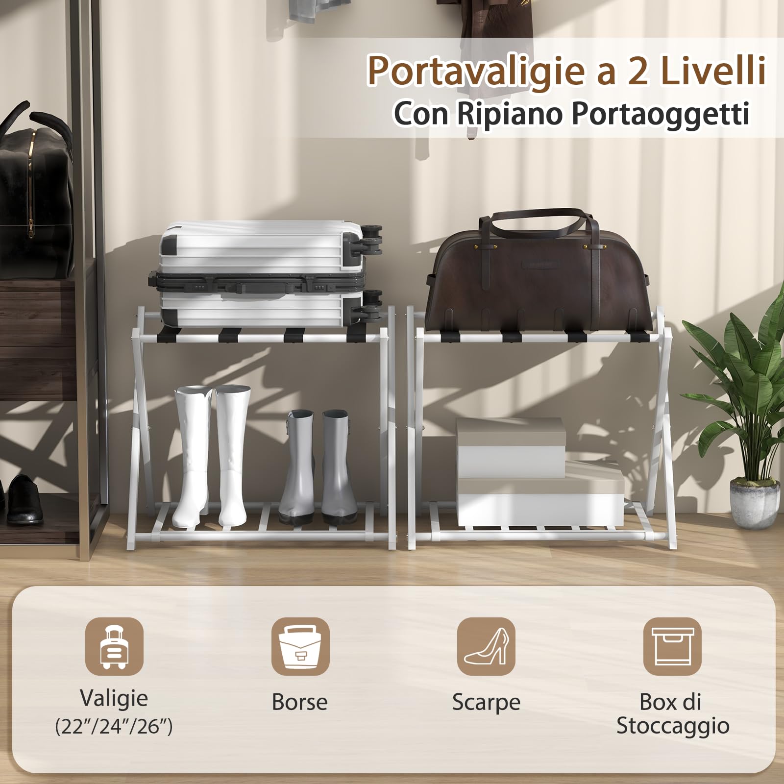 SOARS Lot de 2 Porte-Valises Pliants en Métal, 68 x 45 x 57 cm, Porte Bagages avec 2 Étagères, Robuste pour Chambre, Hôtel, Charge 80 kg (Blanc)