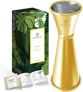 Homestia Jigger for Bartending, Double Jigger, Gold Cocktail Measuring Cup | Premium 304 Stainless Steel Japanese Jigger 2 oz 1 oz with Measurements Inside, Durable Bar Tool for Home Bar & Mixed Drinks