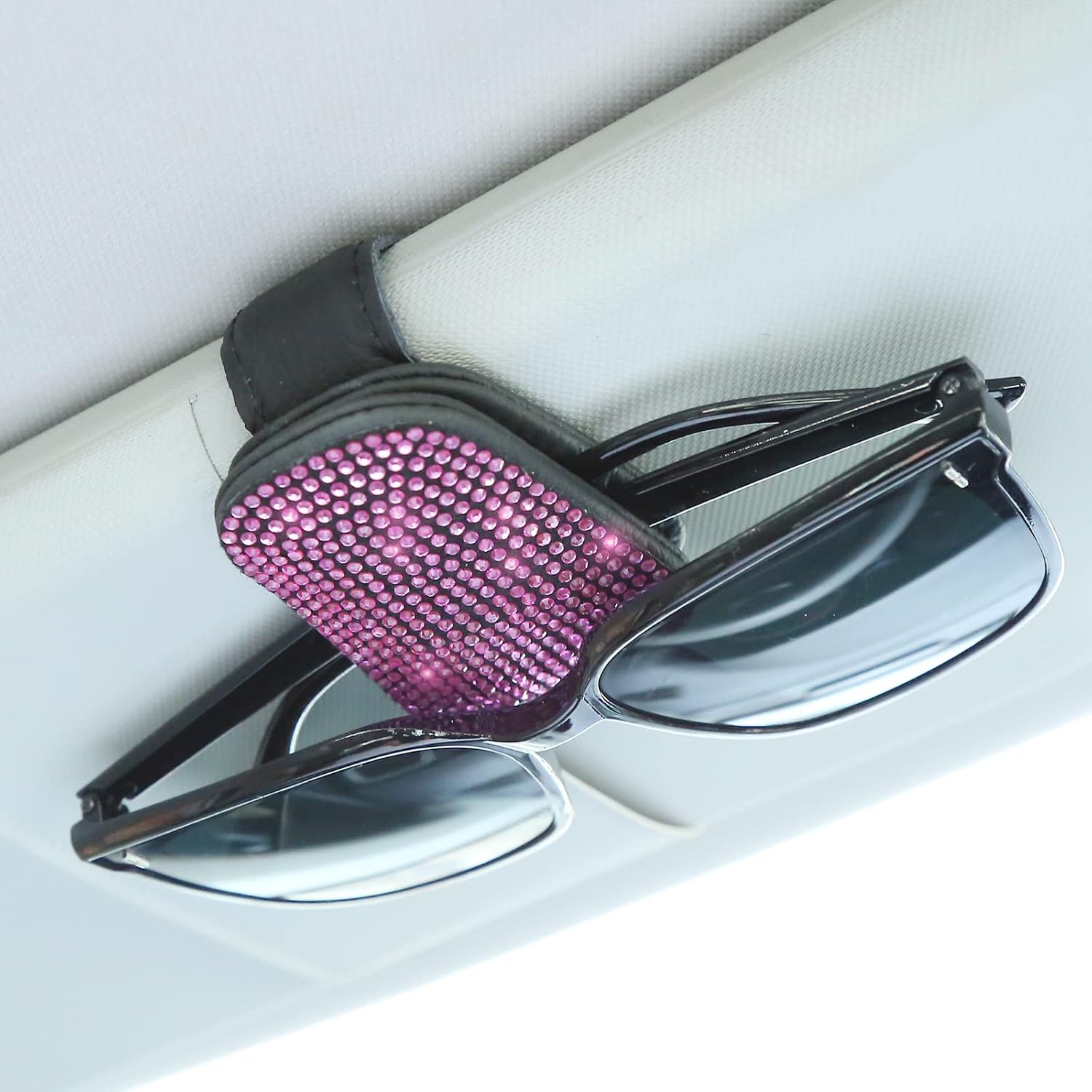 SHERING Bling Sunglasses Holders for Car Sun Visor, Magnetic Leather Glasses Eyeglass Hanger Clip for Car, Ticket Card Clip Eyeglasses Mount, Car Visor Accessories(Pink)