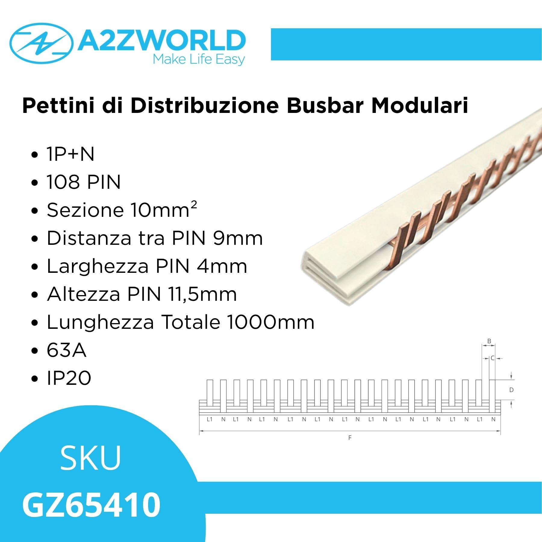Pettine Alimentazione Da 1 Metro, Per Collegamento Quadro Elettrico, 1P+N 108 PIN Moduli 1000mm, Barra Collettrice per Interruttori Magnetotermici e Differenziali, BusBar Modulare 63A