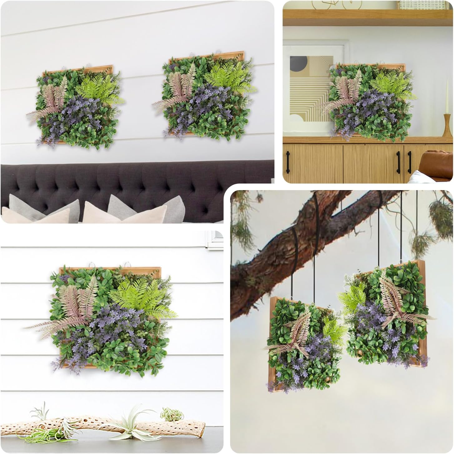 Bynbbur 1 Piece Hanging Wall Artificial Plants for Home Decor Faux 3D Greenery Plant in Wooden Frame 12 inches for Room Garden Patio Indoor Outdoor Decoration, Green with Purple