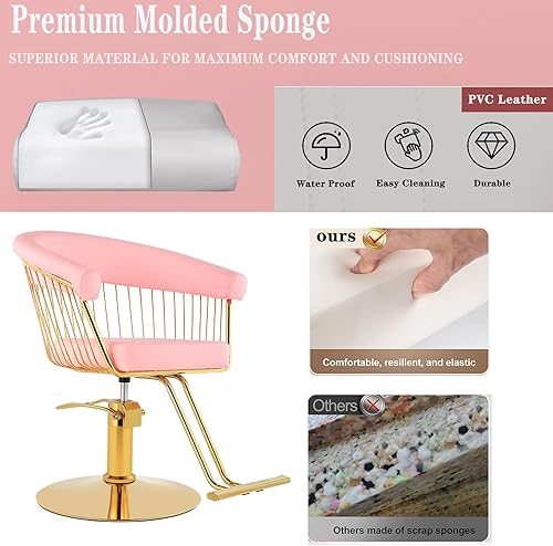 Miniatura 5 de Silla de peluquero Silla de salón Silla giratoria de 360 grados, silla de peluquería hidráulica para el cabello, soporta 330 libras, color rosa