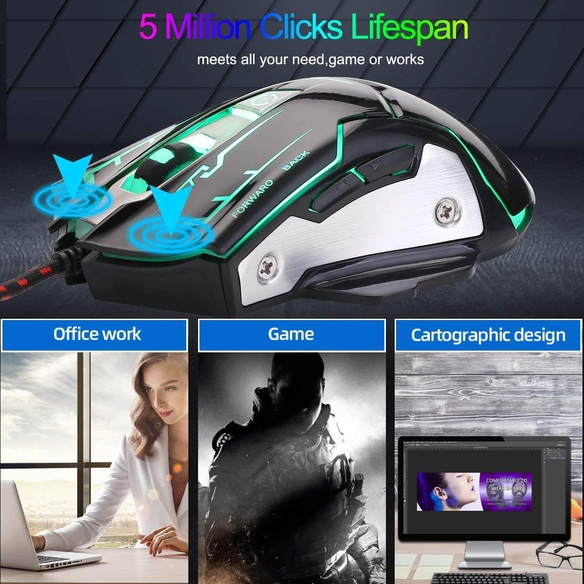 RGB Light up Wired Gaming Mouse for Computer - Durable USB Led Laptop Mice w/ 7 Color Backlit, 4 Adjust DPI Up to 3200 for Gaming, Silent & Stable PC Corded Mouse for Mac MacBook Windows Linux PS4 - 6
