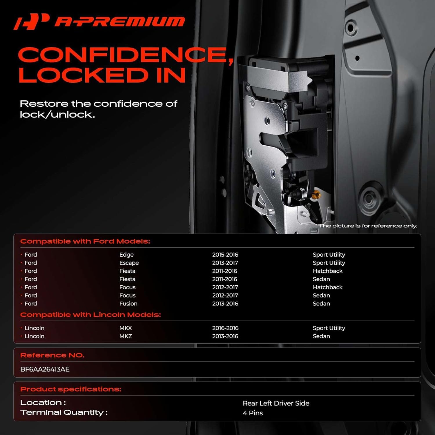 A-Premium Rear Left Driver Side Door Lock Actuator Compatible with Ford Focus 2012-2017, Escape 2013-2017, Fusion 2013-2016, Fiesta 2011-2016, Edge 2015-2016 & Lincoln MKZ 2013-2016, MKX 2016