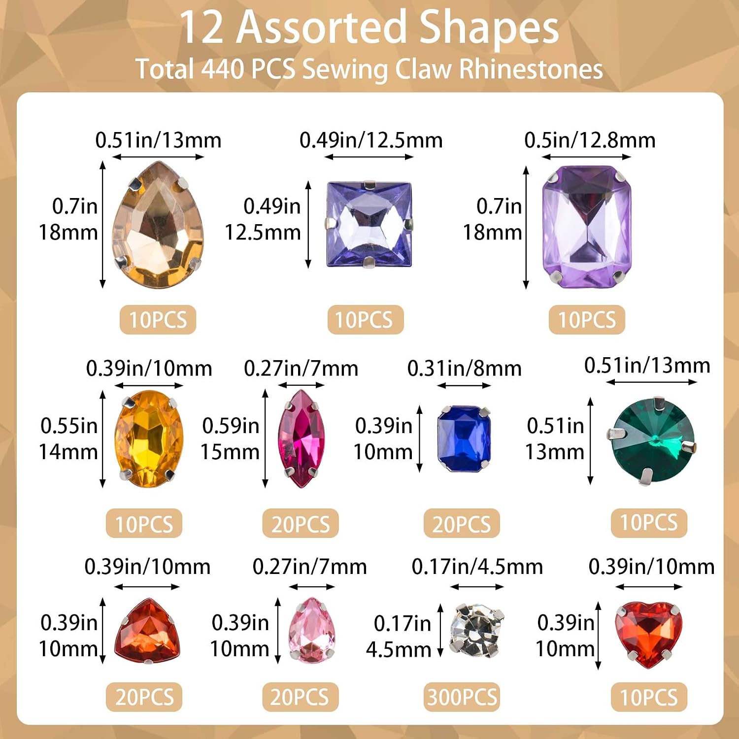 PAGOW 440Pcs Sew on Rhinestones, 11 Mixed Shapes Flatback Crystal Rhinestones Sewing with Silver Claw, Acrylic Sewing Gem Stones for DIY Craft Shoes Dress Jewelry Making