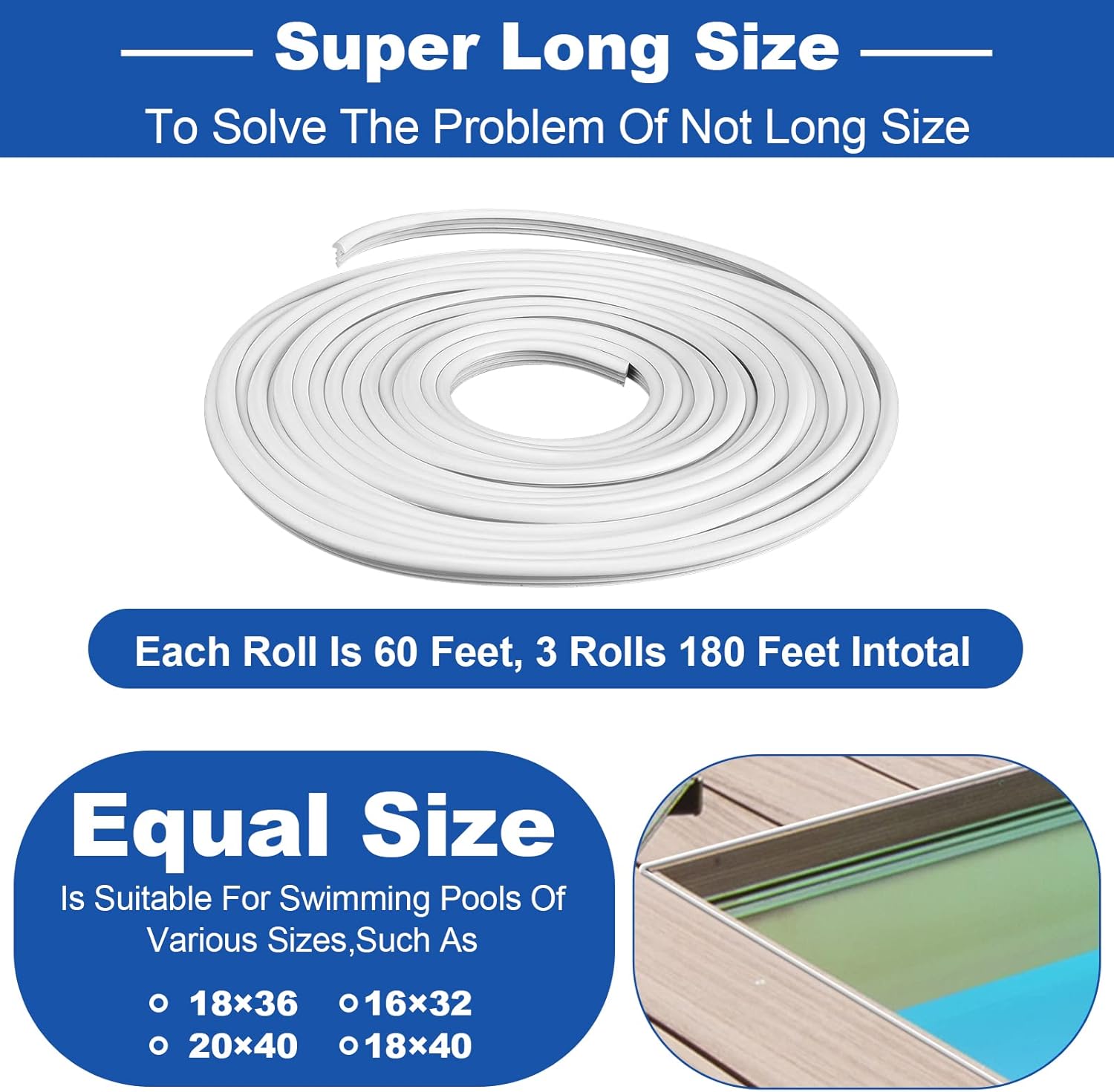Preboun 180 ft Swimming Pool Liner Lock Roll Pool Bead Lock White Pool Liner Bead Wedge Lock Flexible Beaded Pool Liner Clips Bead Lock for Above Ground Inground Pool Fiberglass Pool