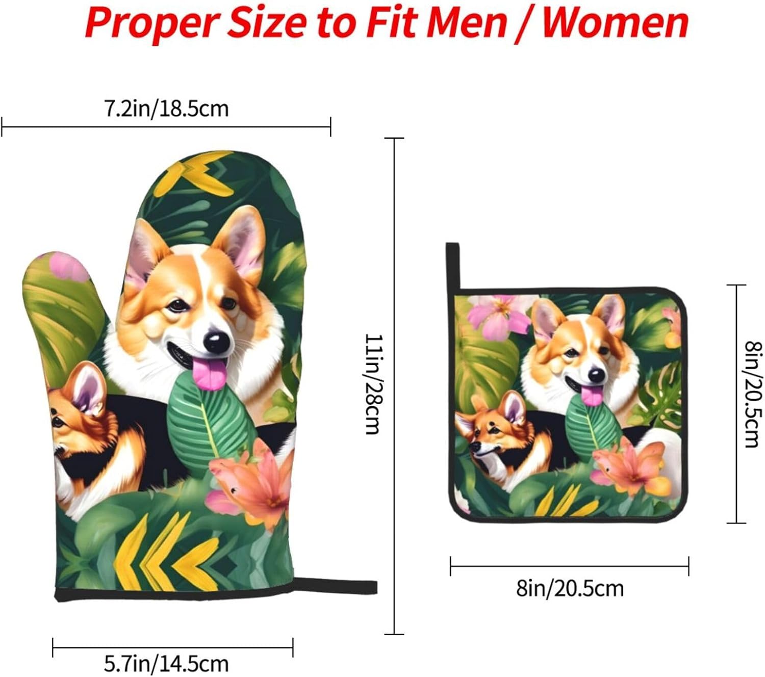 Tropical Flower and Corgi Print Heat Resistant Microwave Gloves, Used for Baking, Cooking, and Fashion Kitchen Essentials