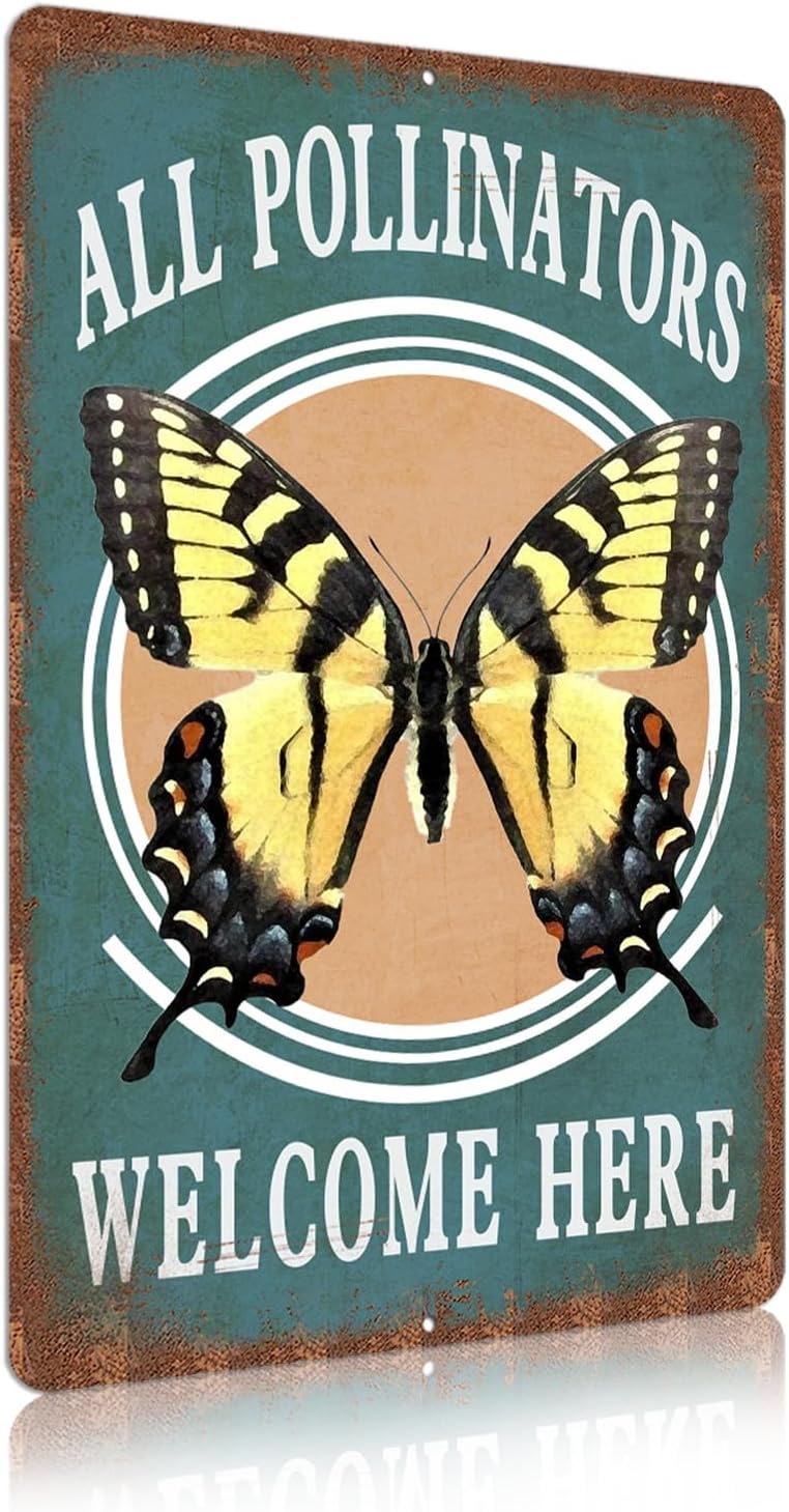 Vintage Garden Signs All Pollinators Welcome Here Yard Outdoor Wall Decor