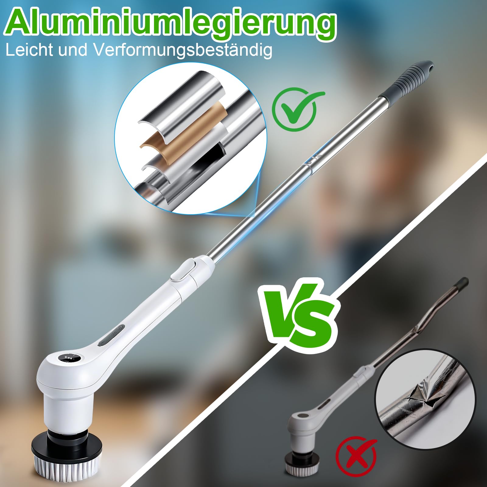 Elektrische Reinigungsbürste, 8 in 1 Putzbürste Elektrisch, Electric Cleaning Brush IPX7 Wasserdichter mit Austauschbaren Bohrbürstenköpfen und Verstellbarem Griff für Badezimmer, Fliesen, Küchenherd