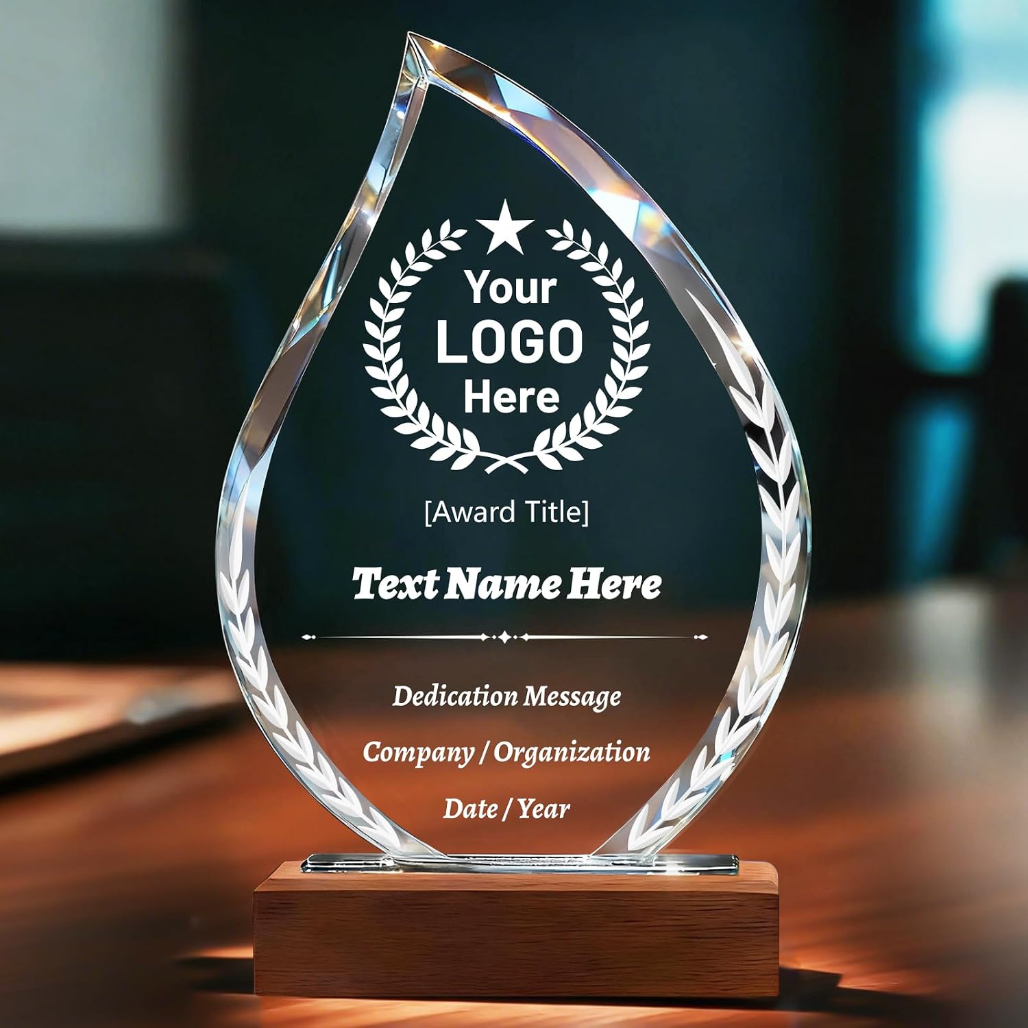 Custom Trophy Engraved with Text Logo, 9.25" Crystal Trophy Award with Wood Base, Personalized Plaque for Corporate Sports Awards, Employee Appreciation Gifts, Retirement Work