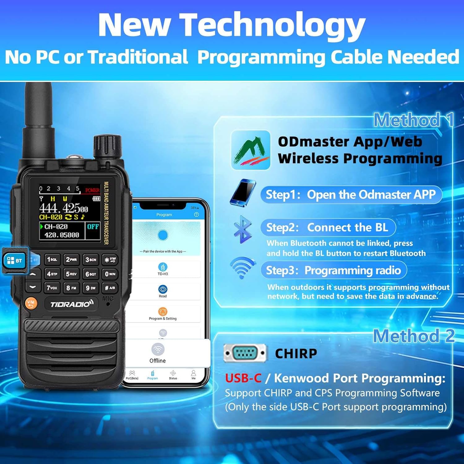 TIDRADIO TD-H3 radio connected via USB-C to a laptop for programming, and a smartphone showing the Odmaster App for wireless programming.