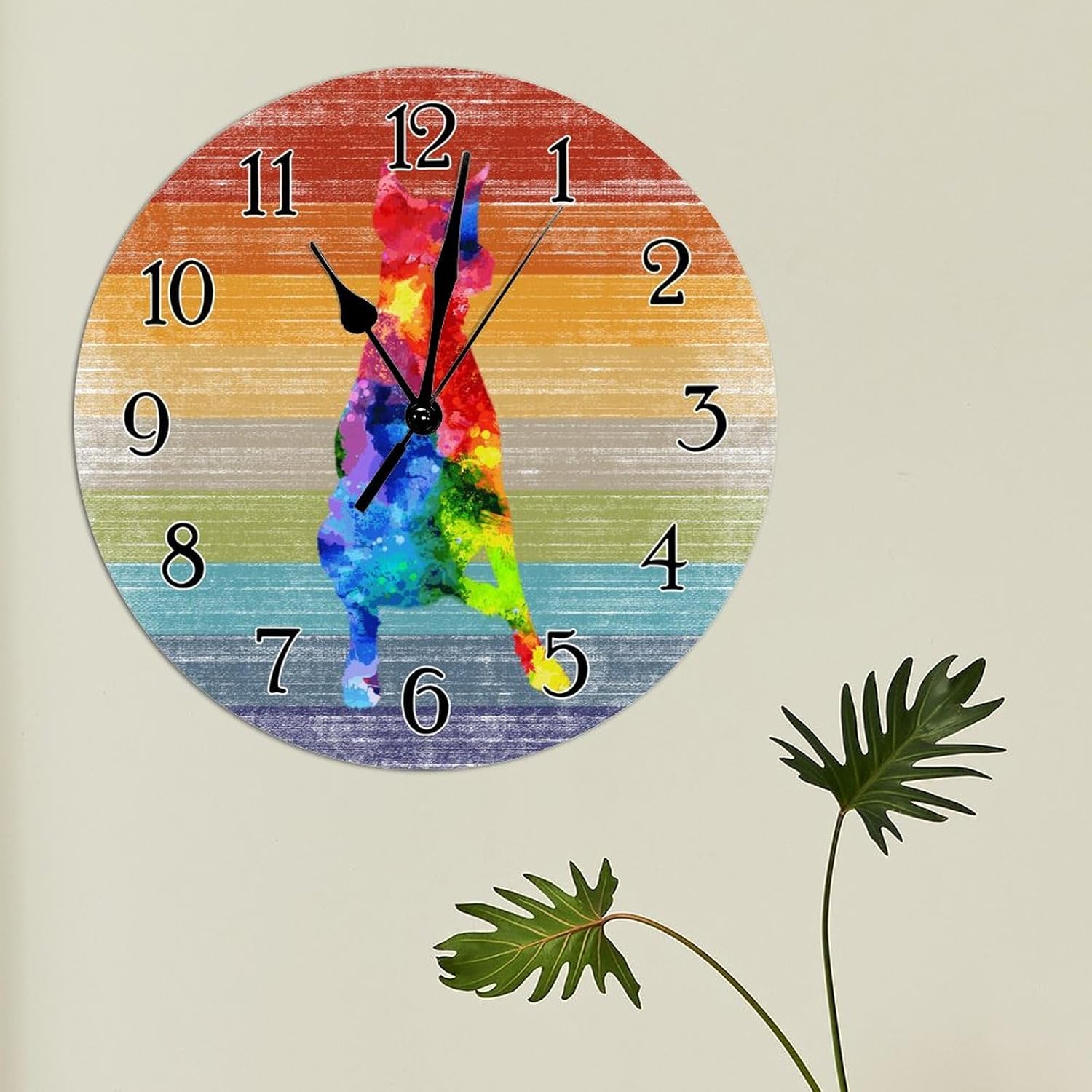 Watercolor Dog Doberman Rainbow Clocks Doberman Colorful Dog Silhouette Hanging Wall Clock Pride Month Parade LGBT Round Clocks for Wall Non-Ticking Silent Wall Clock for Home 15x15in