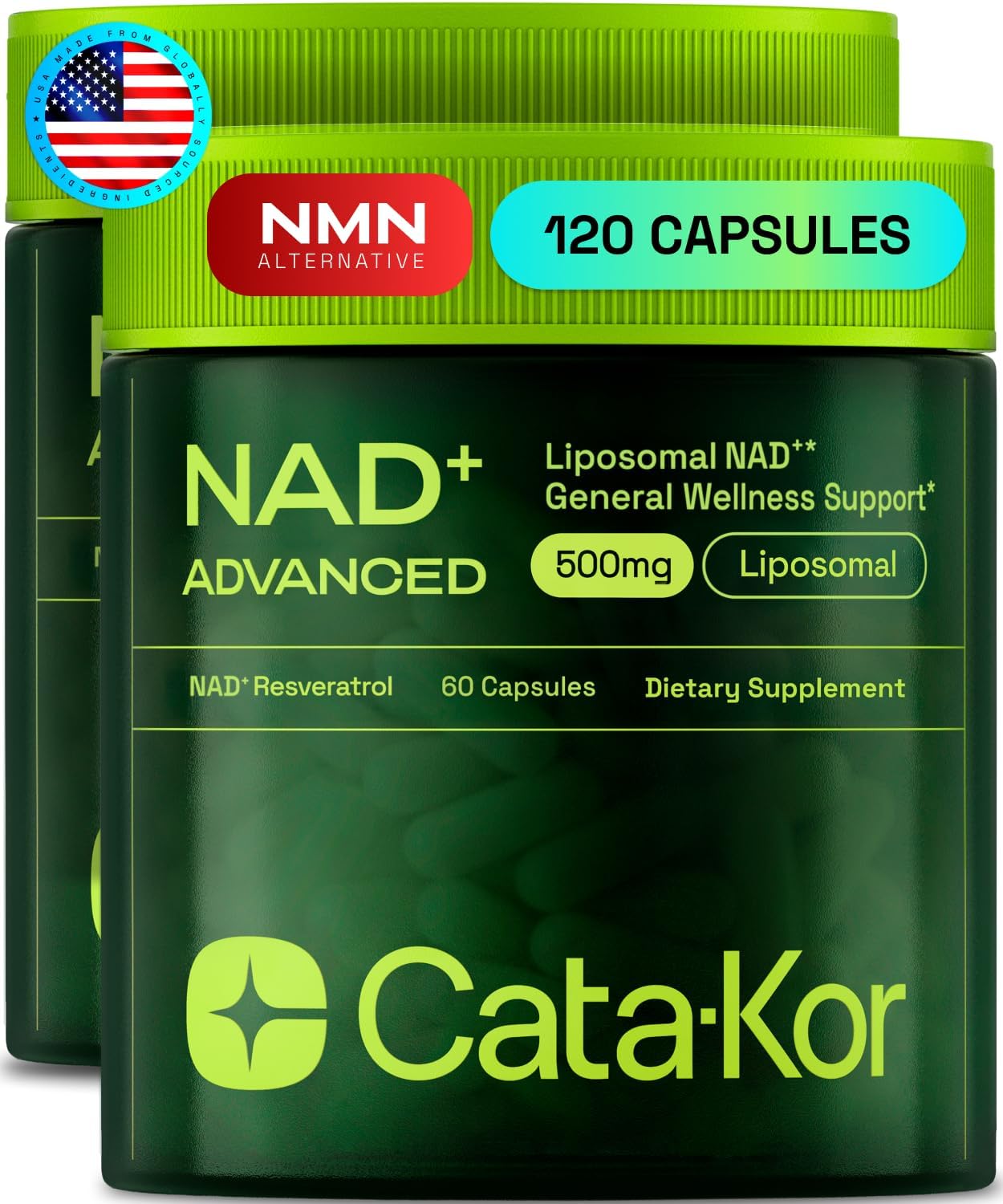 Cata-Kor Liposomal NAD Supplement with Resveratrol – NMN Supplement Alternative – 60-Day Supply – Third-Party Tested – 120 Capsules – Advanced NAD+ Resveratrol - Pack of 2