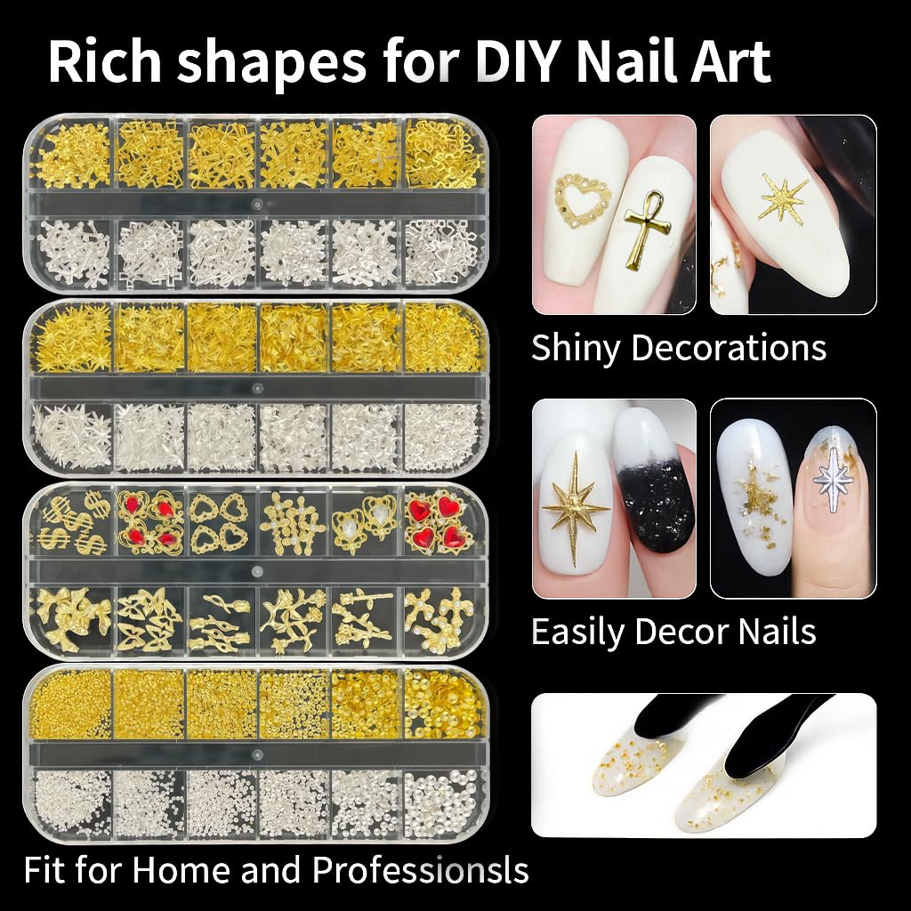 Juego de dijes y gemas doradas para uñas, 4 cajas de gemas para uñas, herramientas de arte de uñas, dijes de cruz 3D, diamantes de imitación de corazón para suministros de uñas, dijes para 5