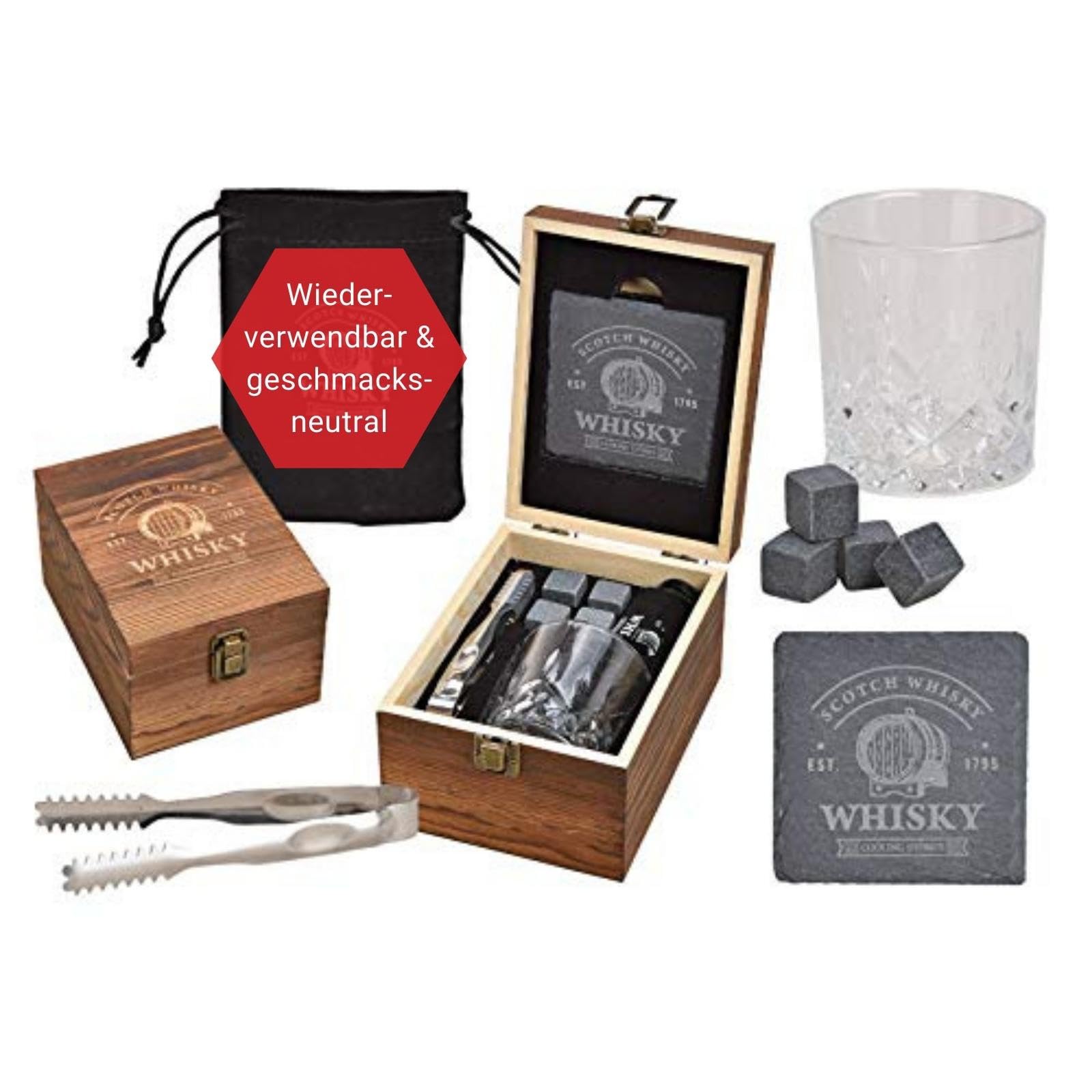 WOMA Whisky Steine Set I 4 Kühlwürfel inkl. Untersetzer, Edelstahlzange, Whiskey Glas & hochwertiger Holzbox I Wiederverwendbare Eiswürfel für Whiskey Wodka Gin Rum Tequila & Cocktails