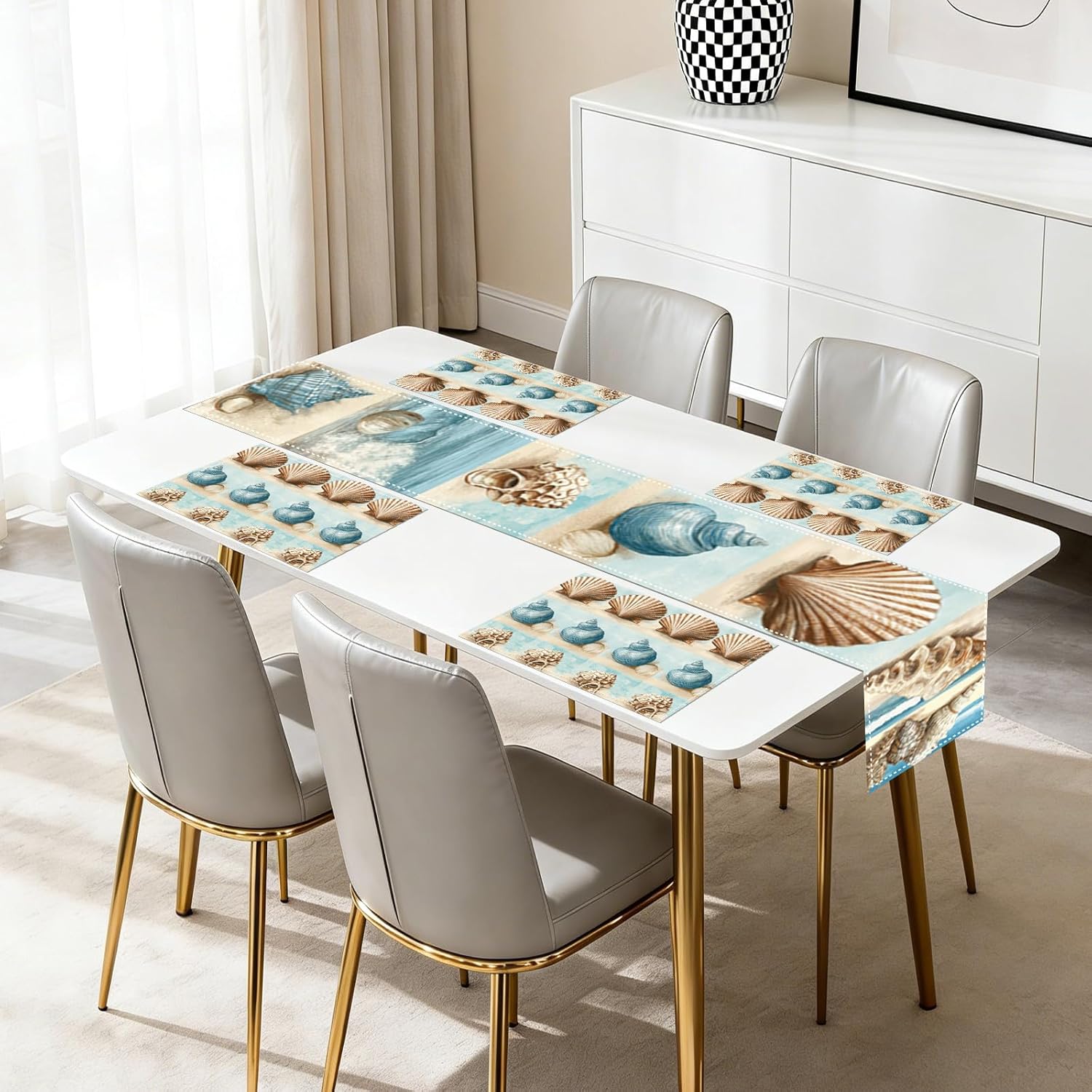 Nuxovilar Tablerunner and Placemats Set of 5 Coastal Seashell Print Linen Square Placemats Dining Sets and Accessories Table Decor Beach Meals, Brunch, Outdoor Tables