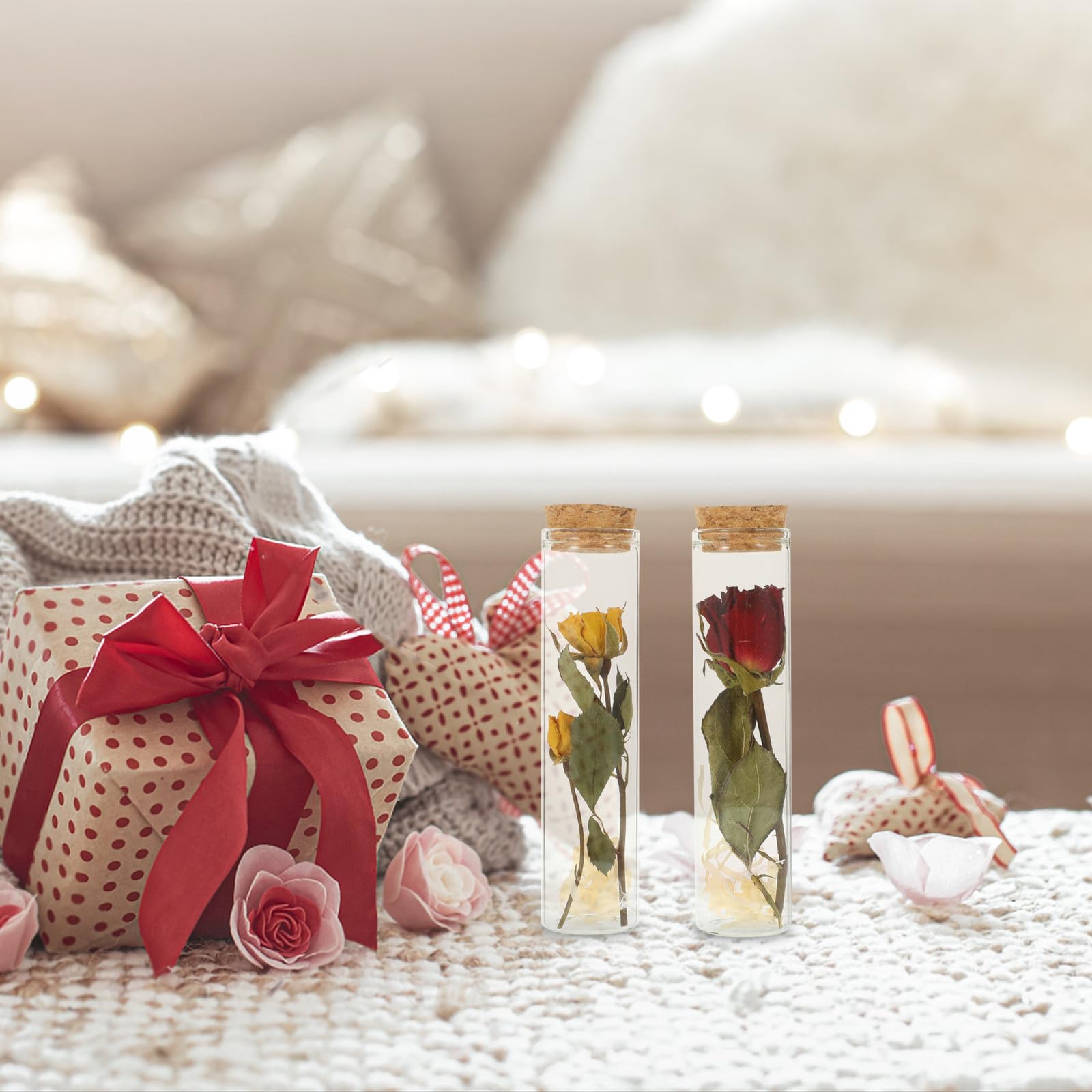 Bottiglie dei Desideri in Vetro Trasparente Tappo di Sughero e Fiori Secchi Rossi e Gialli, Set da 2 per Decorazioni Natalizie e Ufficio