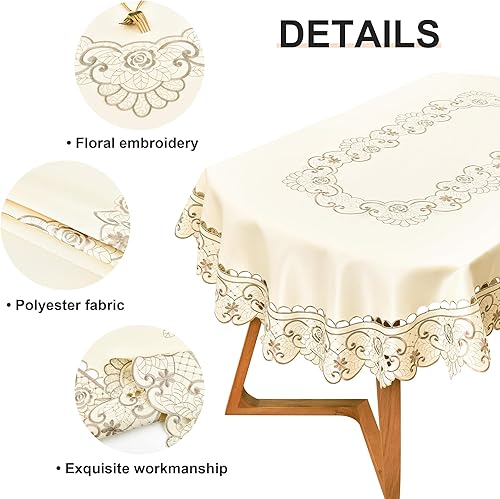 Miniatura 5 de Elegante mantel ovalado grande de jacquard floral bordado de flores grises, mantel de encaje marfil para el hogar, sala de estar, comedor, cocina,