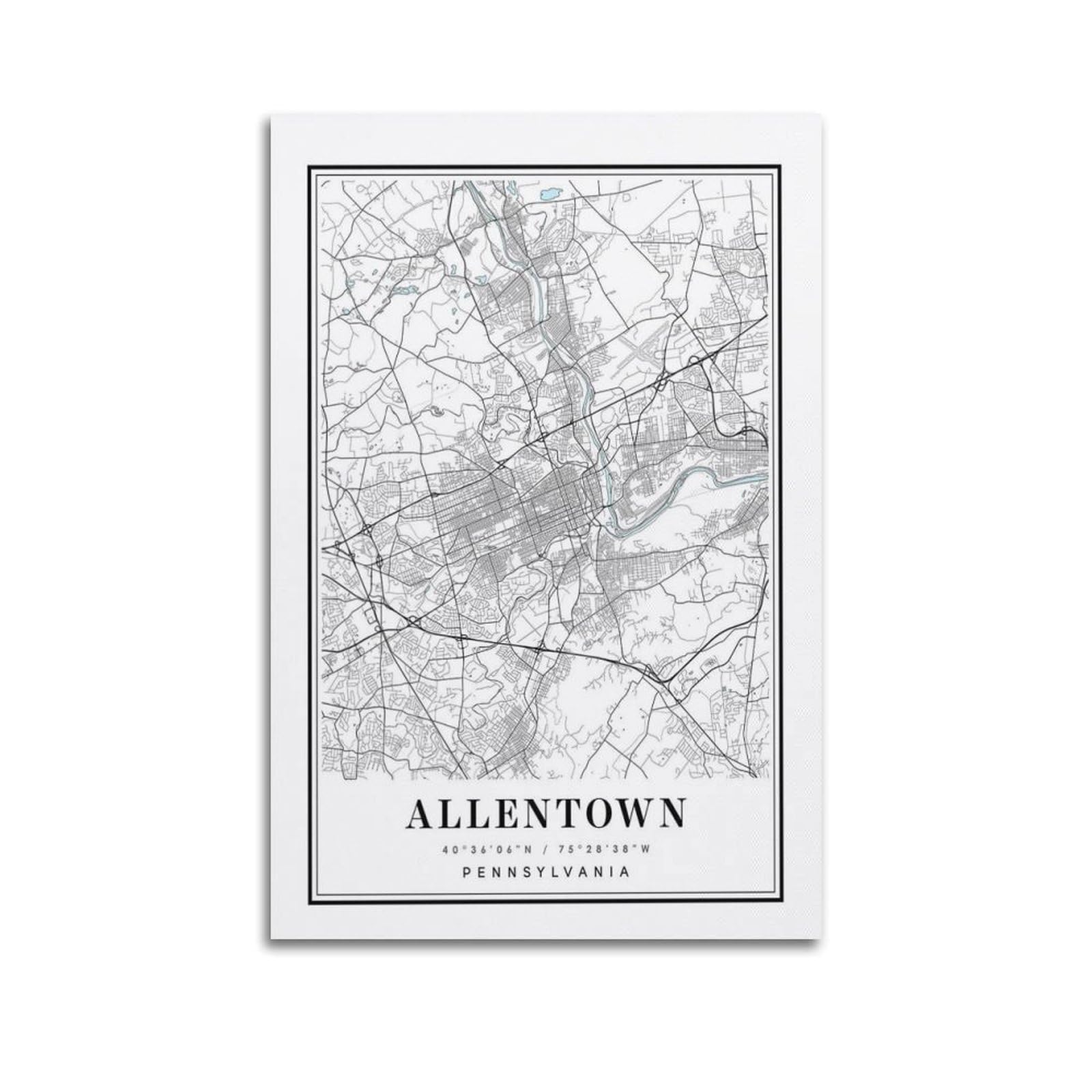 xiaoxiaoshen Allentown Pennsylvania Map Canvas Poster Wall Art Prints Room Aesthetic Murals Bedroom And Living Decorations 24x36inch(60x90cm)