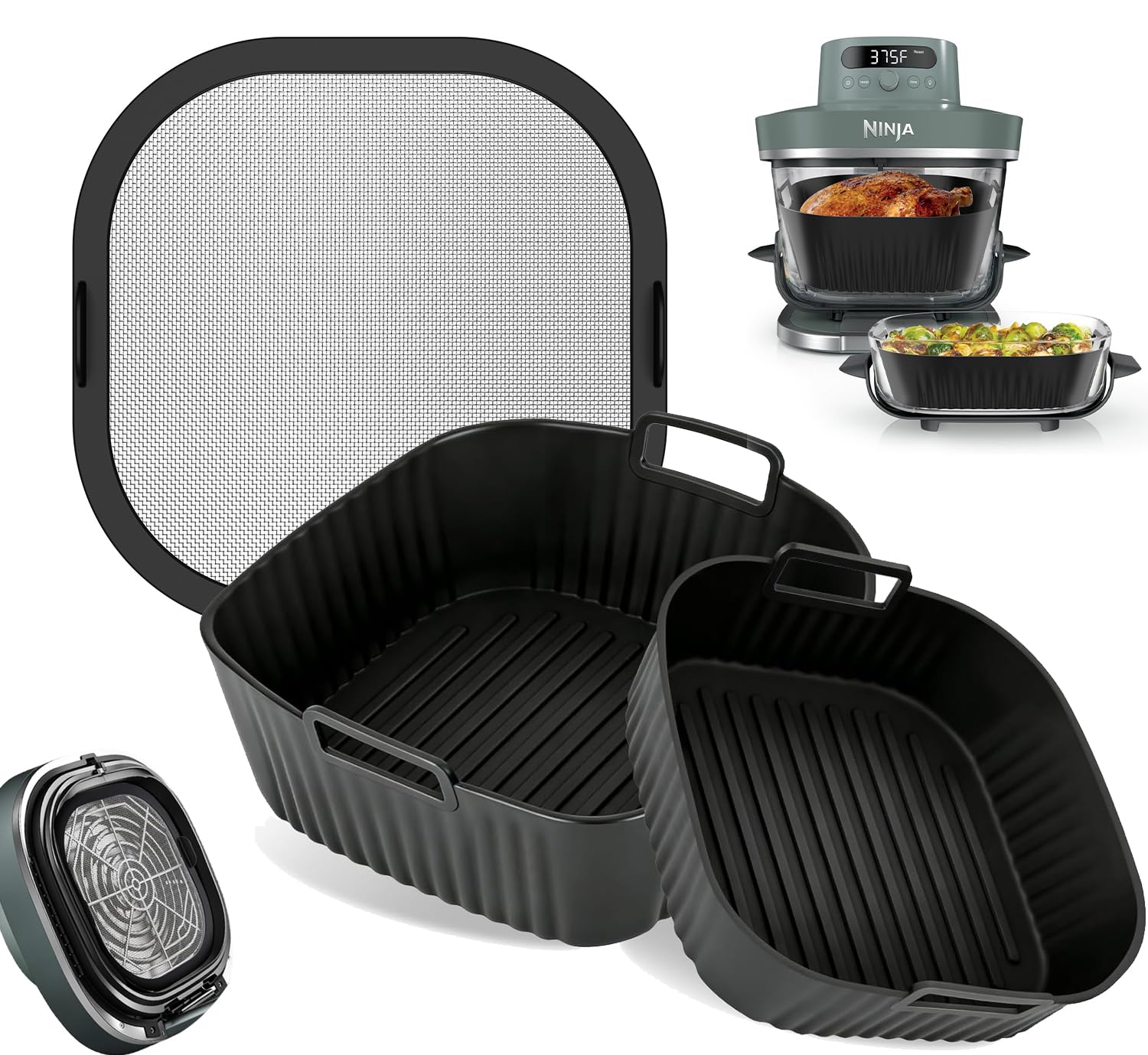3 Pièces Moules Silicone et Grilles Anti Projection Magnétique en Acier Inoxydable pour Ninja CRISPi PRO XL AS090EU, Air Fryer Accessoires pour Ninja Air Fryer AS090 Série