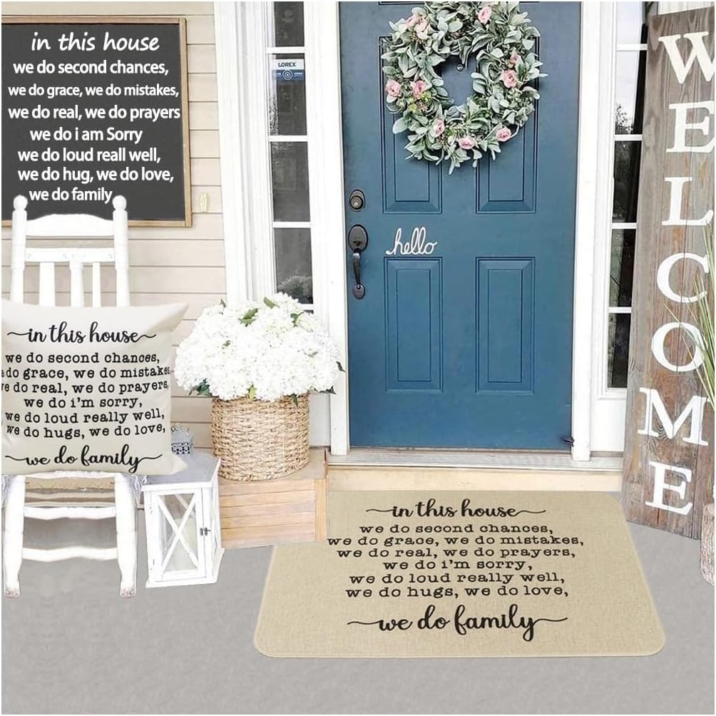 Farmhouse Welcome Mat for Front Door in This House Door Mat We Do Family Doormat Home Floor Mats Non Slip Rubber Entrance Rug for Indoor Outdoor 17" x 28"