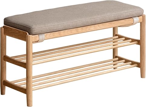 Solid Wood Shoe Bench Assembled, Shoe Rack Bench with Cushion for Entryway, Living Room, Bedroom, Hallway, 31.49 x 11.81 x 17.71", Nature+Gray
