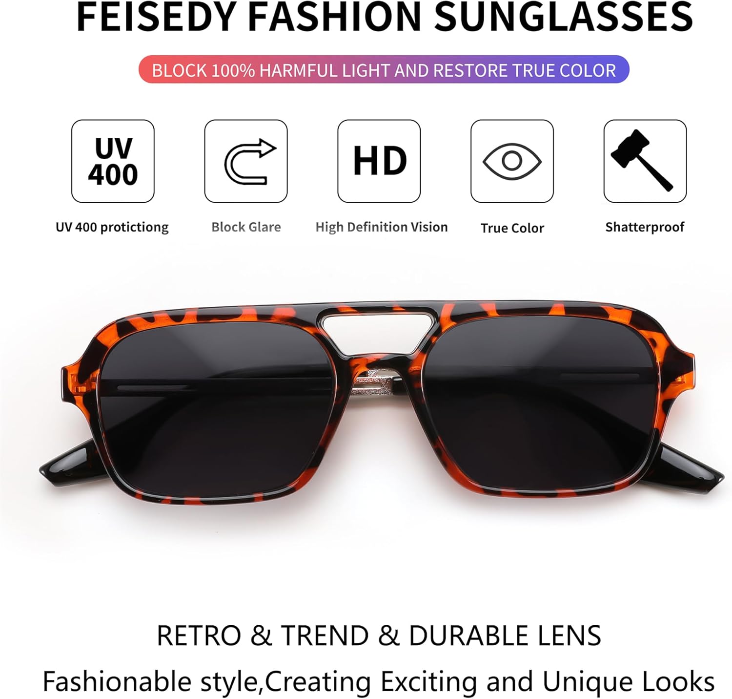 FEISEDY Vintage Square 70s Flat Aviator Sunglasses Women Men Metal Design Shades B2752