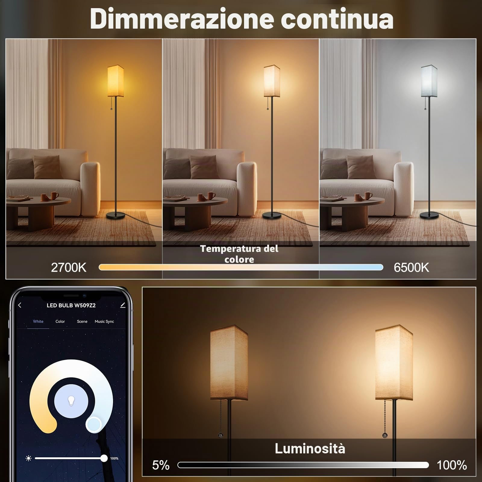RGBCW - Lampada a stelo per soggiorno, 9 W, E27, 2700 K-6500 K, dimmerabile, con app, funziona con Alexa e Google Assistant, modalità fai da te, modalità musica e funzione timer
