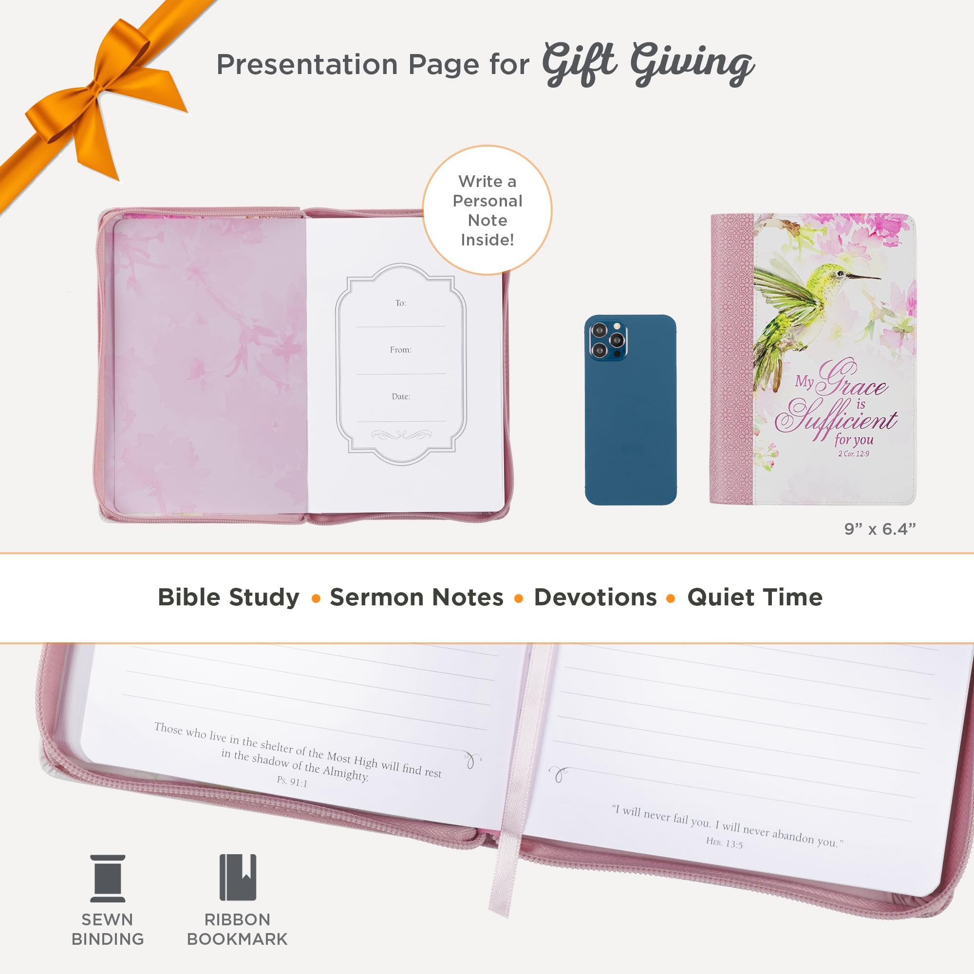 Christian Art Gifts Diario rosa in pelle vegana con cerniera, notebook da donna ispiratore My Grace Scripture, copertina flessibile, 336 pagine a righe, segnalibro a nastro, 2 cor. 12:9 Verso della