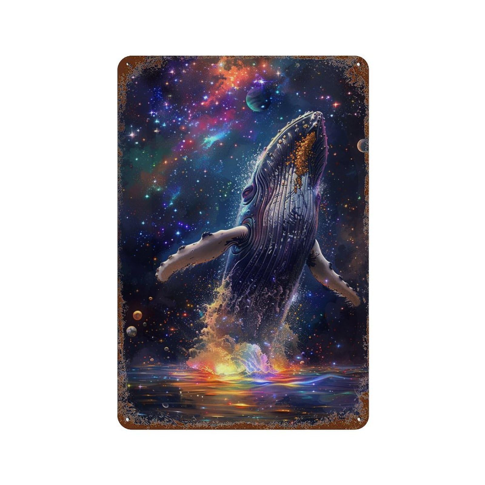 Garage Style Whale in Space Fantasy Distressed Metal Wall Sign 11.8"x7.9", Farmhouse Wall Decor for Bar And Workshop