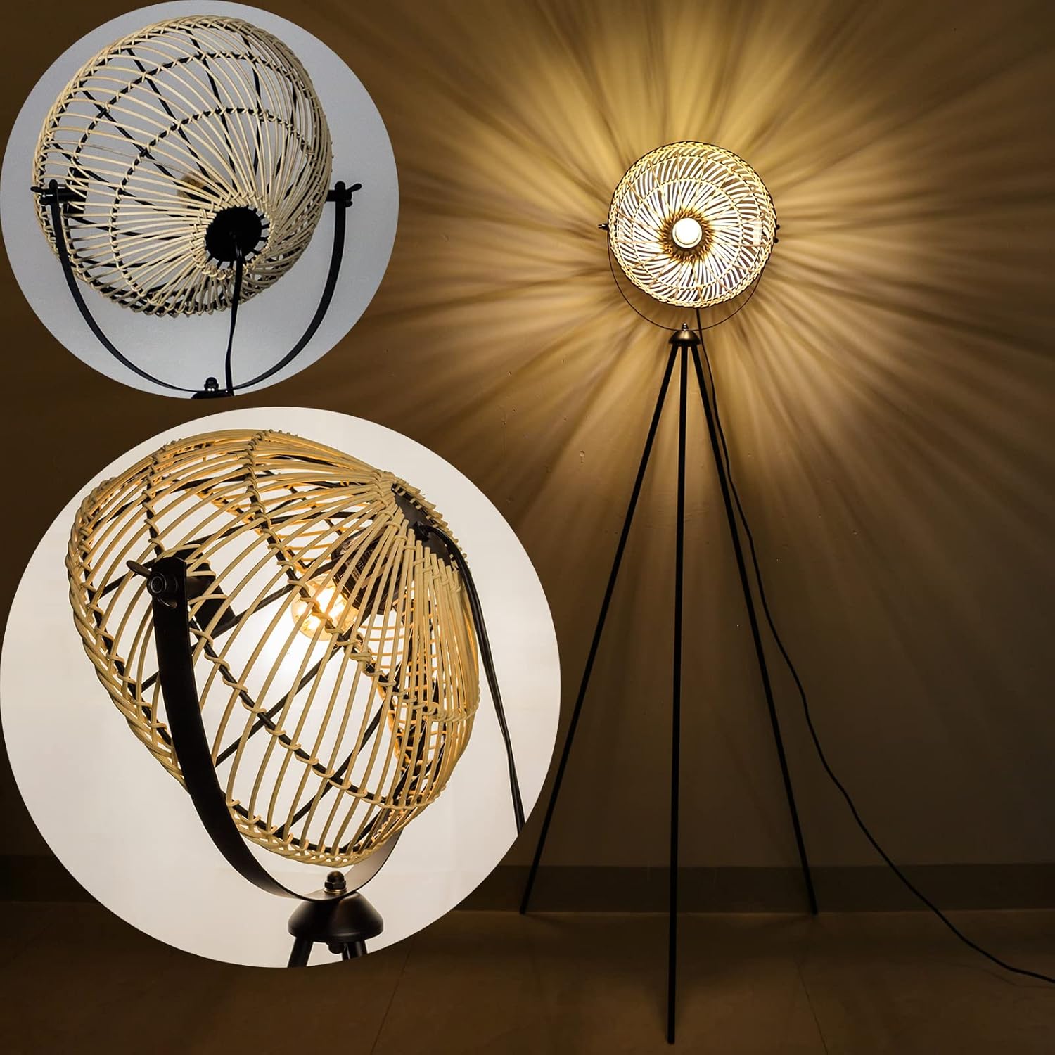 Osasy Tripod Lamp Rattan Wicker Floor Lamp Boho Tripod Floor Lamps for