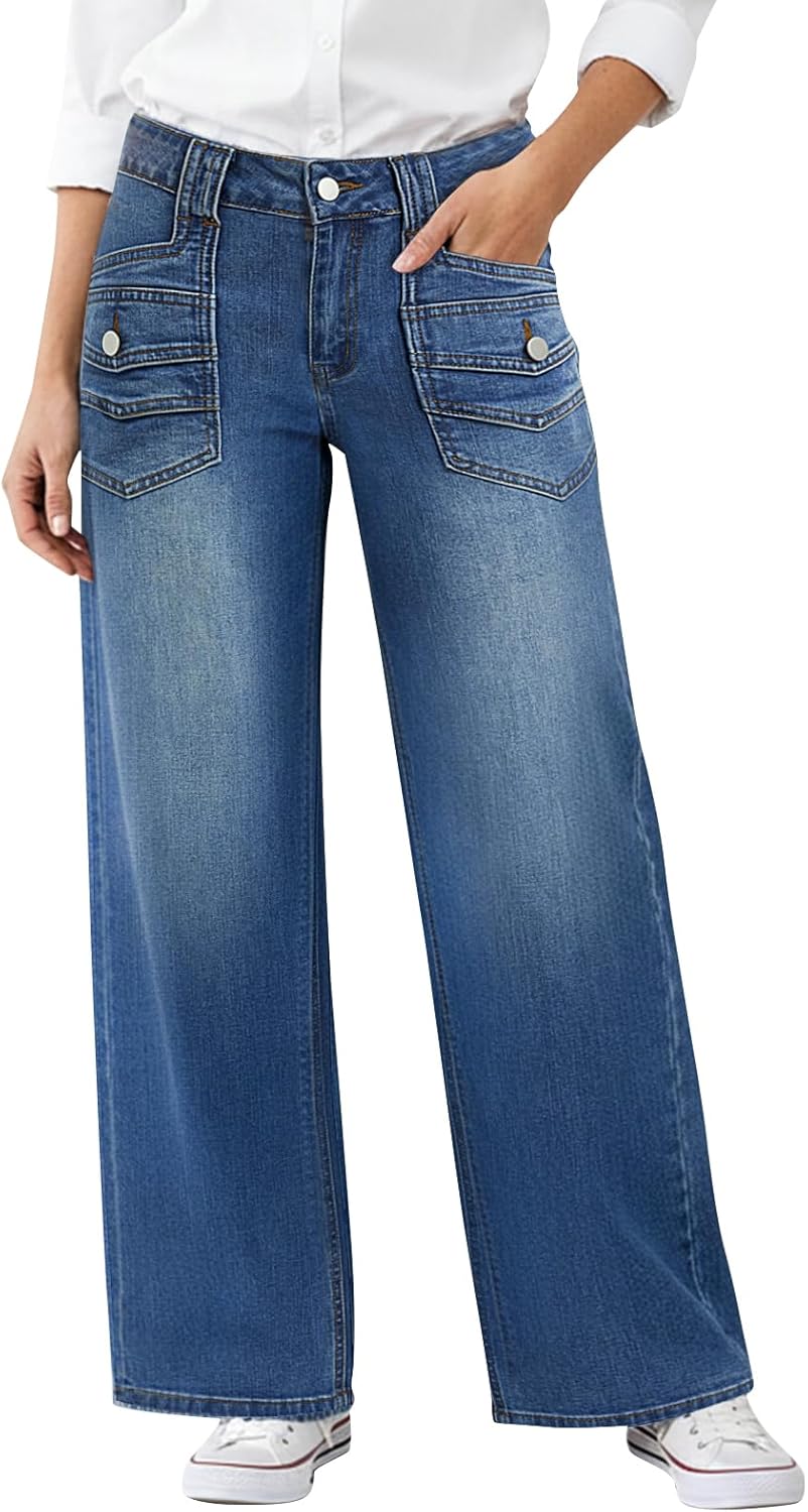 Wide Leg Jeans for Women Mid Rise Baggy Flap Pockets Wash Denim Pants Without Belt
