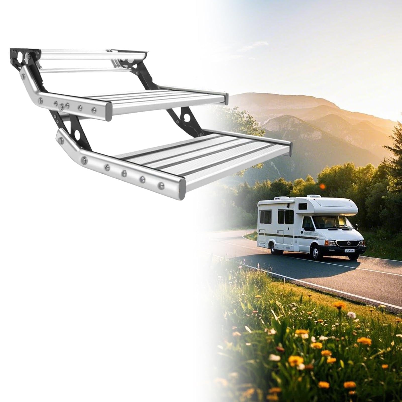 Składane Schody Kampera Ze Stopu Aluminium, Drabinka Schodowa Kampera, Schody Wejściowe RV, Odporne Na Rdzę I Korozję, Światłem LED, Dla Przyczep Kempingowych Kamperowych Double-layermanual