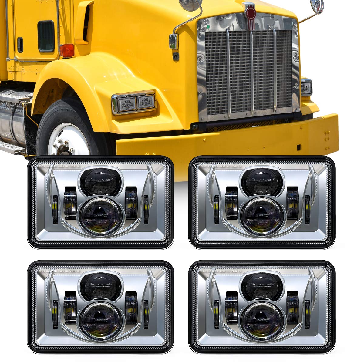 Replacement for 4 PCS DOT Approved Rectangular 4x6 inch LED Headlights Kenworth T800 T600 Peterbilt 379 Feightliner Ford Probe Oldsmobile Cutlass Replacement H4651 H4652 H4656 H4666 H6545 Chrome