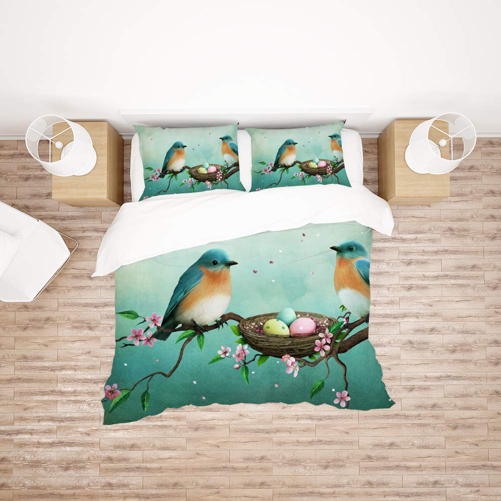 Housse de couette 3 pièces lit King polyester bleu avec parure de lit oiseaux toutes saisons