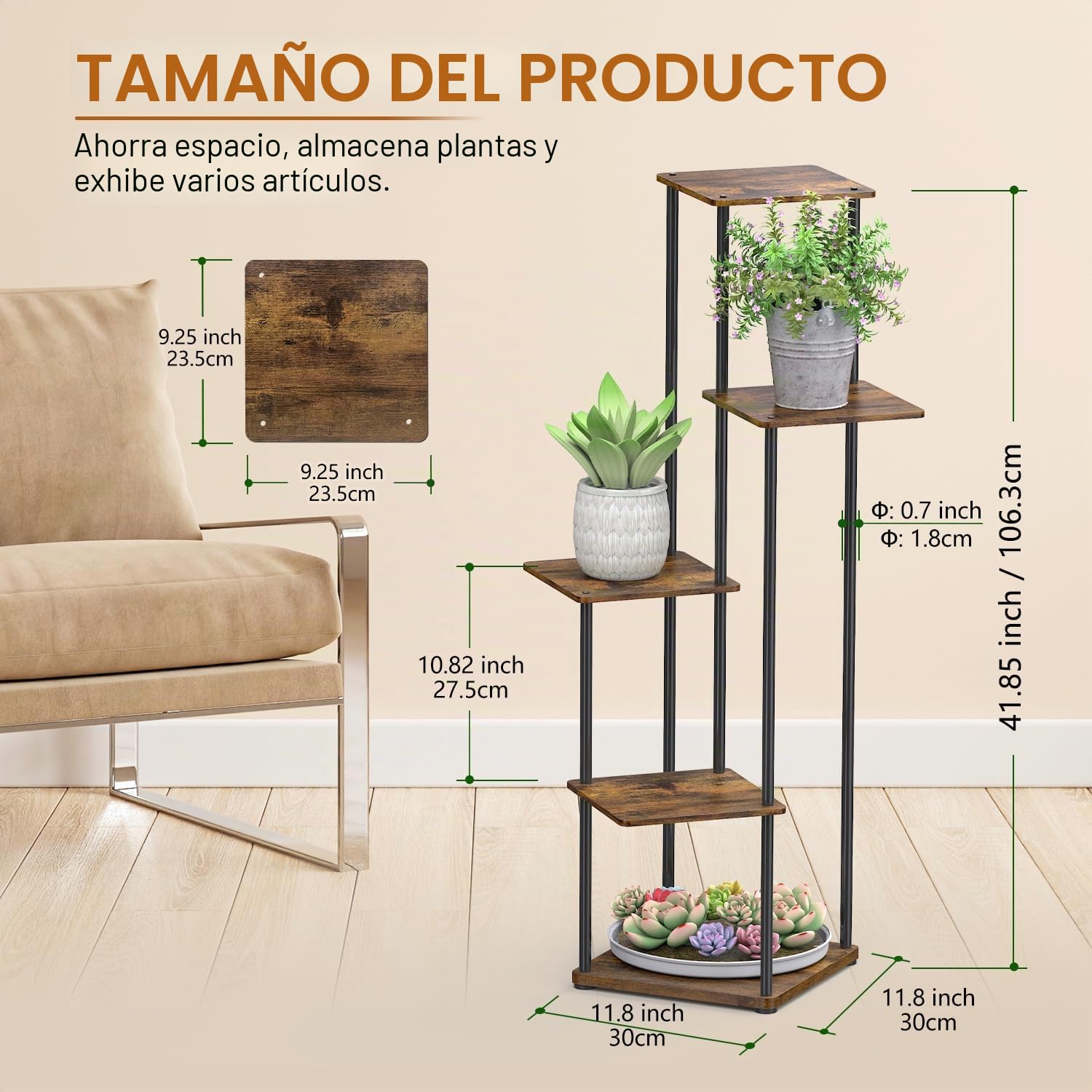 Estantería Plantas Interior, Soporte Macetas de Metal, Soporte Plantas de 5 Niveles para Múltiples Plantas, Patio, Jardín, Sala de Estar, Esquinero, Decoración Hogar Plant Tier Stand (Marrón)