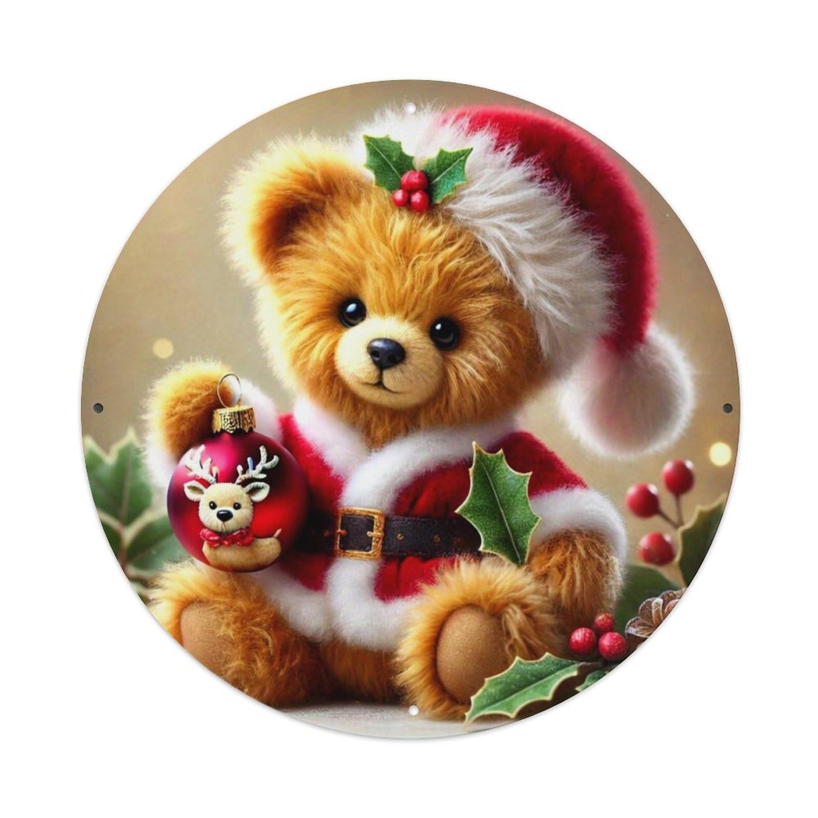 Christmas Teddy Bear Holding Ornament Vintage Metal Tin Sign Retro Wall Decor for Home Bar Garage Cafe, Indoor & Outdoor Decorative，circle Metal Poster, 8x8 Inch