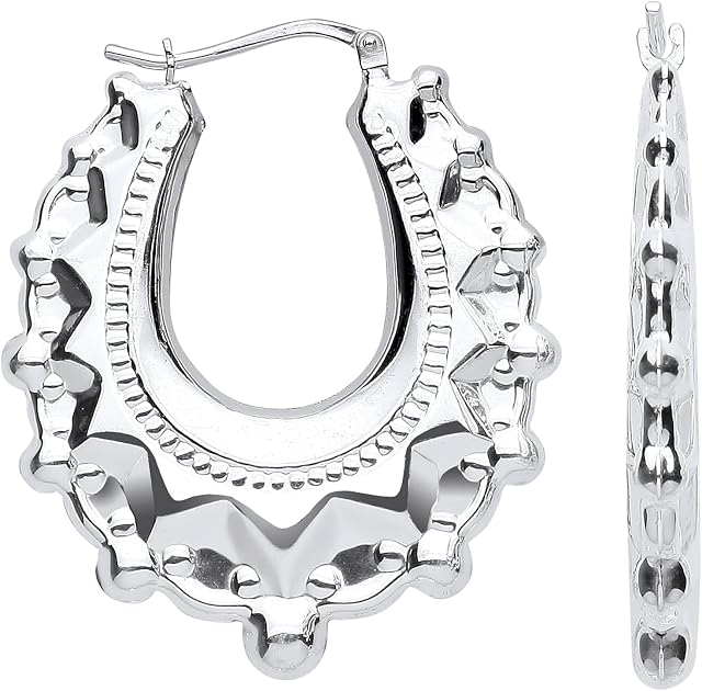 Sterling Silver Large Victorian Style Gypsy Oval Creole Hoop Earrings