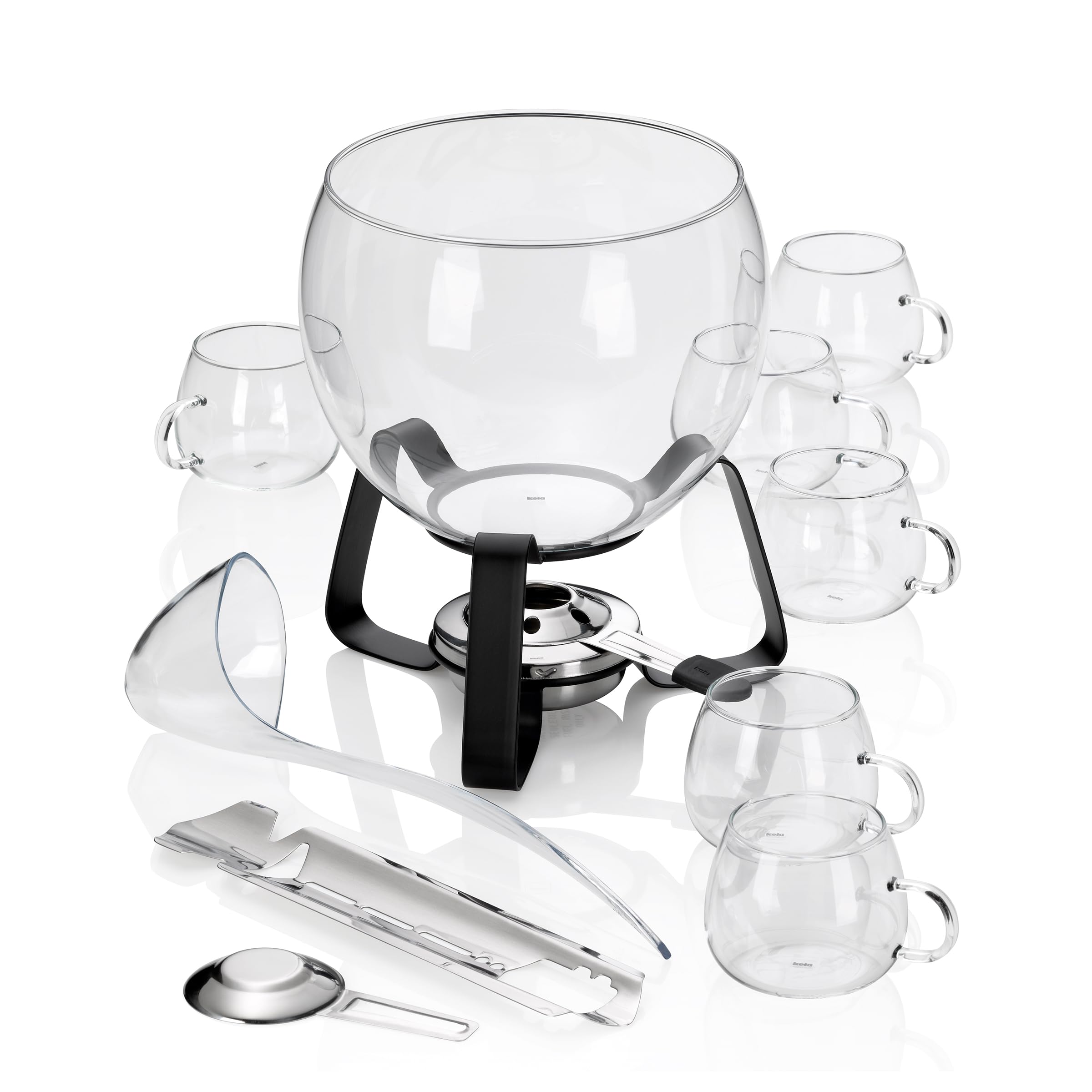 kela Set per punch al fuoco11 pezzi JUNTOS, set per punch con ciotola in vetro da 3,5 l, 6 bicchieri, pinza per lo zucchero, mestolo, adatto anche per punch estivo e vin brulé