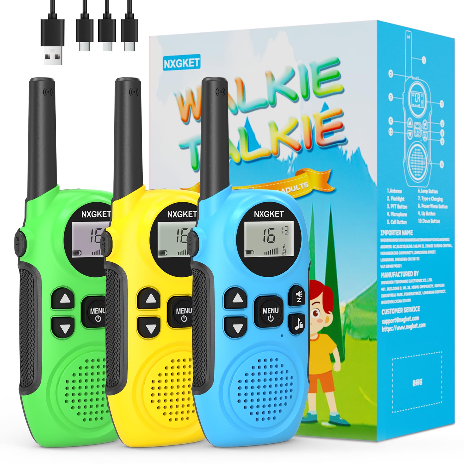 NXGKET Walkie Talkies für Kinder, Funkgerät Set mit Taschenlampe, 3KM Große Reichweite, 16 Kanal, Walkie Talkie für Abenteuer im Freien, Camping, Wandern, Spielzeug 3-12 Jahren Junge – 3er Set