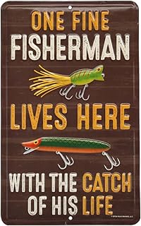 Open Road Brands Fisherman with The Catch of His Life Embossed Metal Sign - Funny Fishing Wall Art for Garage, Lake House or Man Cave