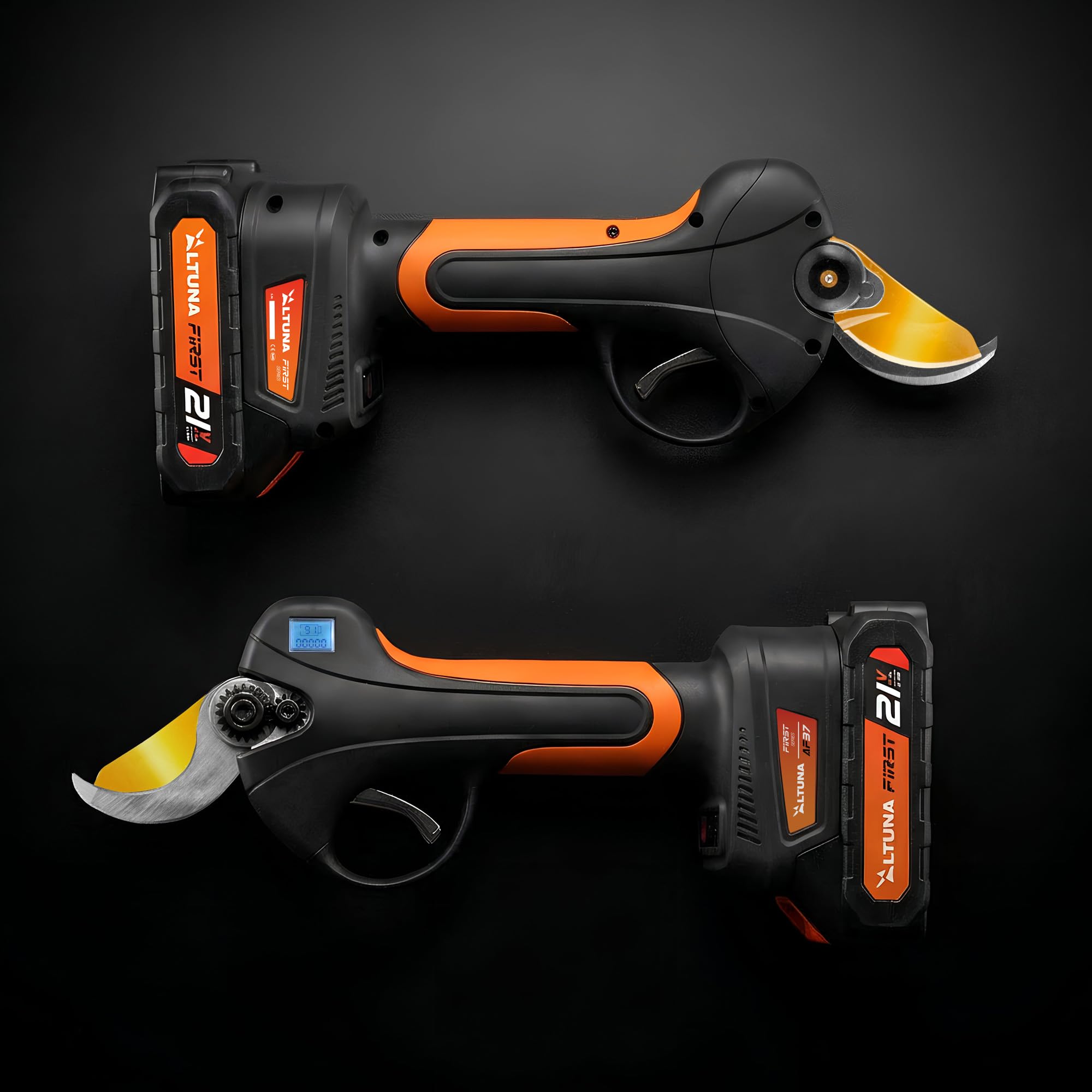 ALTUNA Tijeras de Podar Eléctricas a Batería 37 mm Motor Brushless - AF37 | Doble apertura de 19 y 37 mm, 2 baterías 21V 2,5Ah, pantalla LCD, cuchilla de titanio, incluye maletín