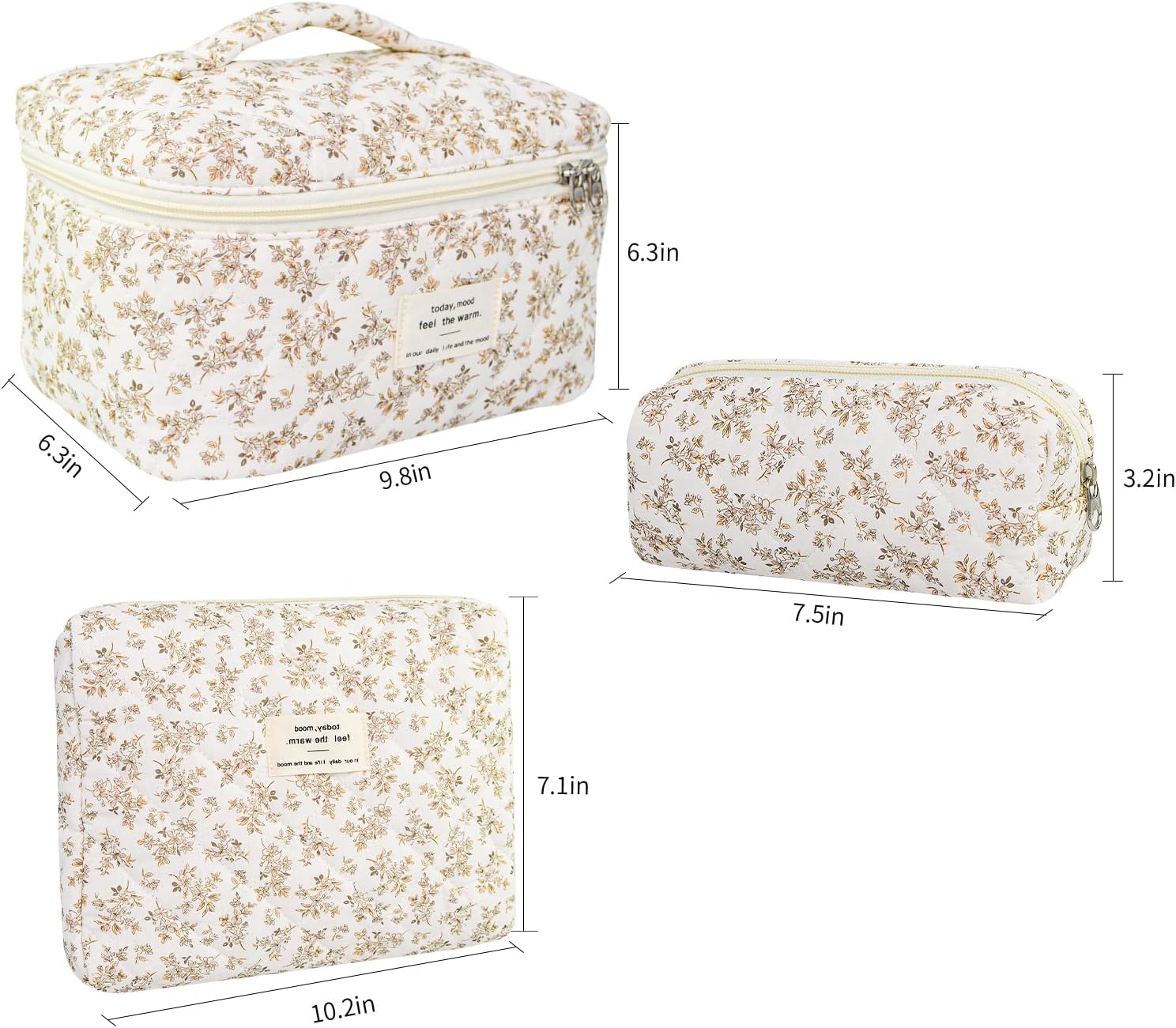 GISMTR 3Pcs Makeup Bag Cotton Quilted Travel Cosmetic Bag Cute Floral Makeup Pouch Large Toiletry Bag for Women Girls