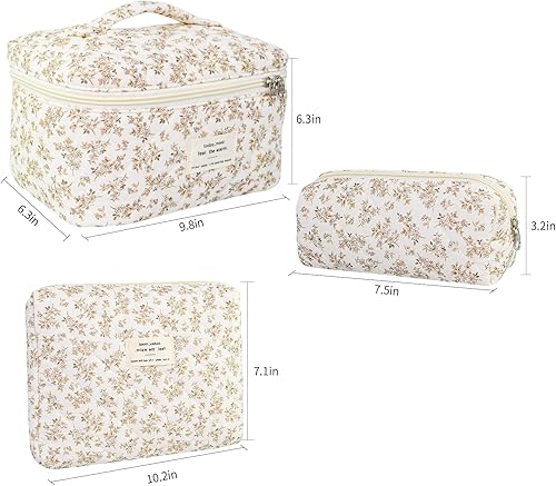 Miniatura 2 de Bolsa de maquillaje acolchada de algodón, 3 piezas, bolsa de cosméticos de viaje, bolsa de maquillaje floral, bolsa de aseo grande para mujeres y