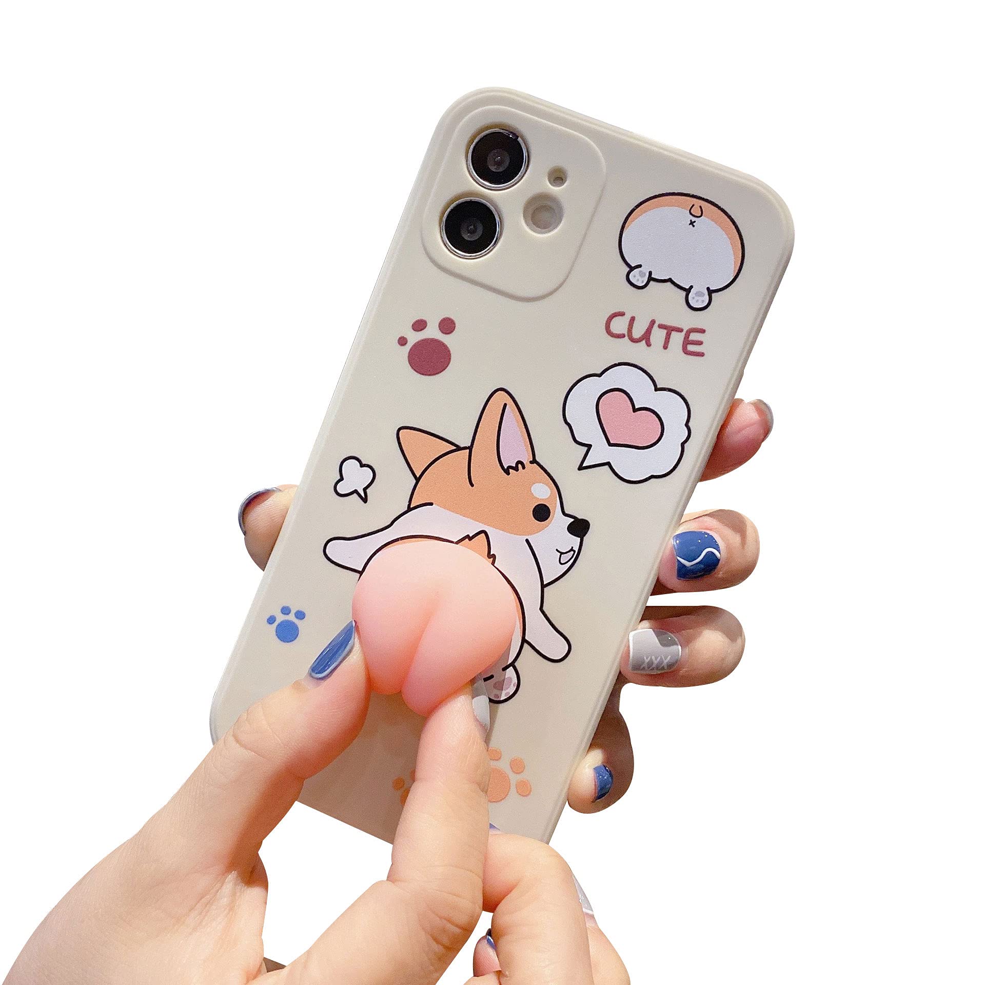 Men Women Creative Funny Novelty Waving 3D Pink Butt Animals Soft TPU Silicone Rubber Phone Case, Pressure Stress Releasing Cover for iPhone 11, Full Body Protection -Corgi Dog White